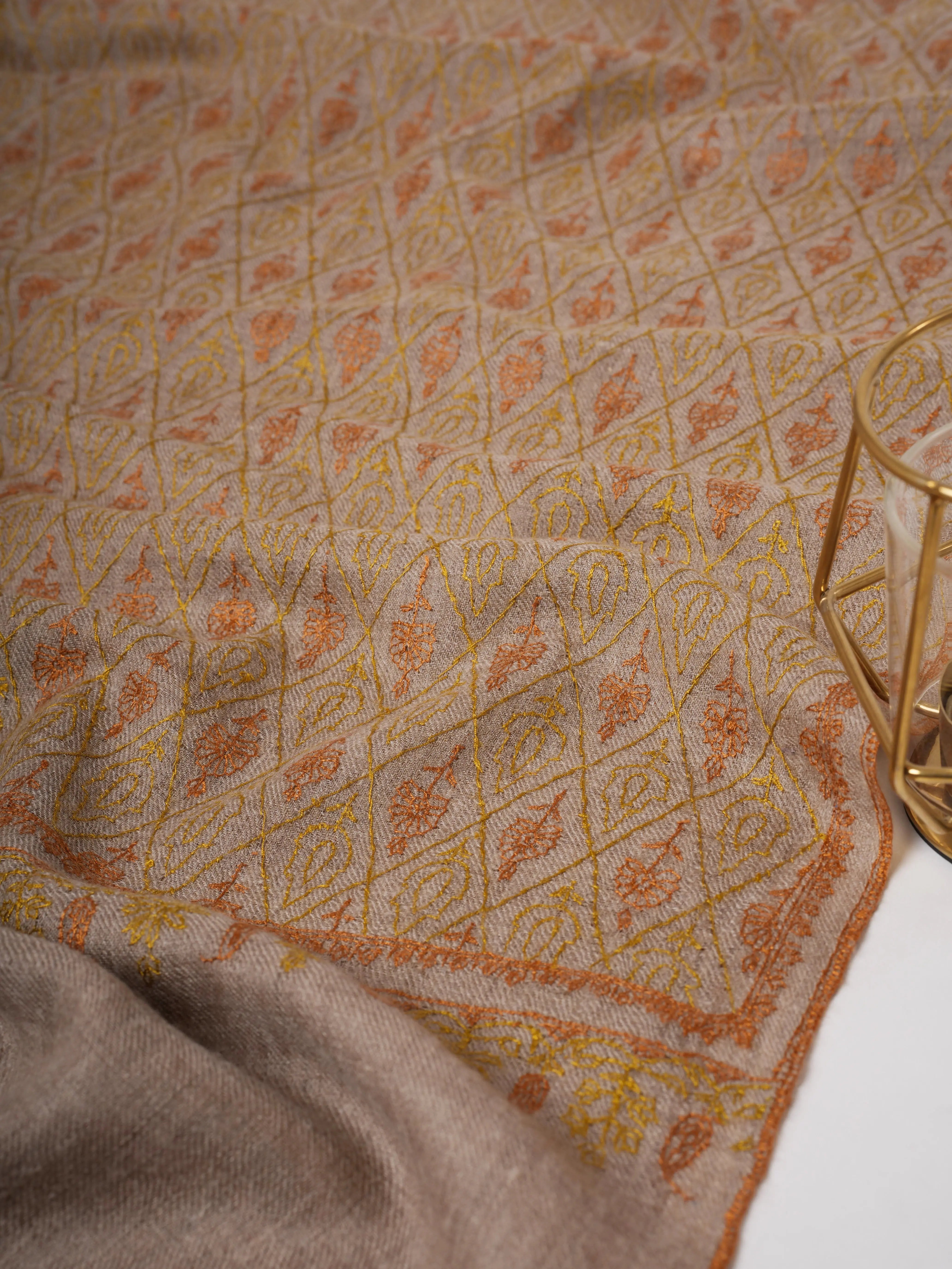 Natural Grey Baby Soft Cashmere Scarf with Jali Embroidery – Featherlight Shahkaar