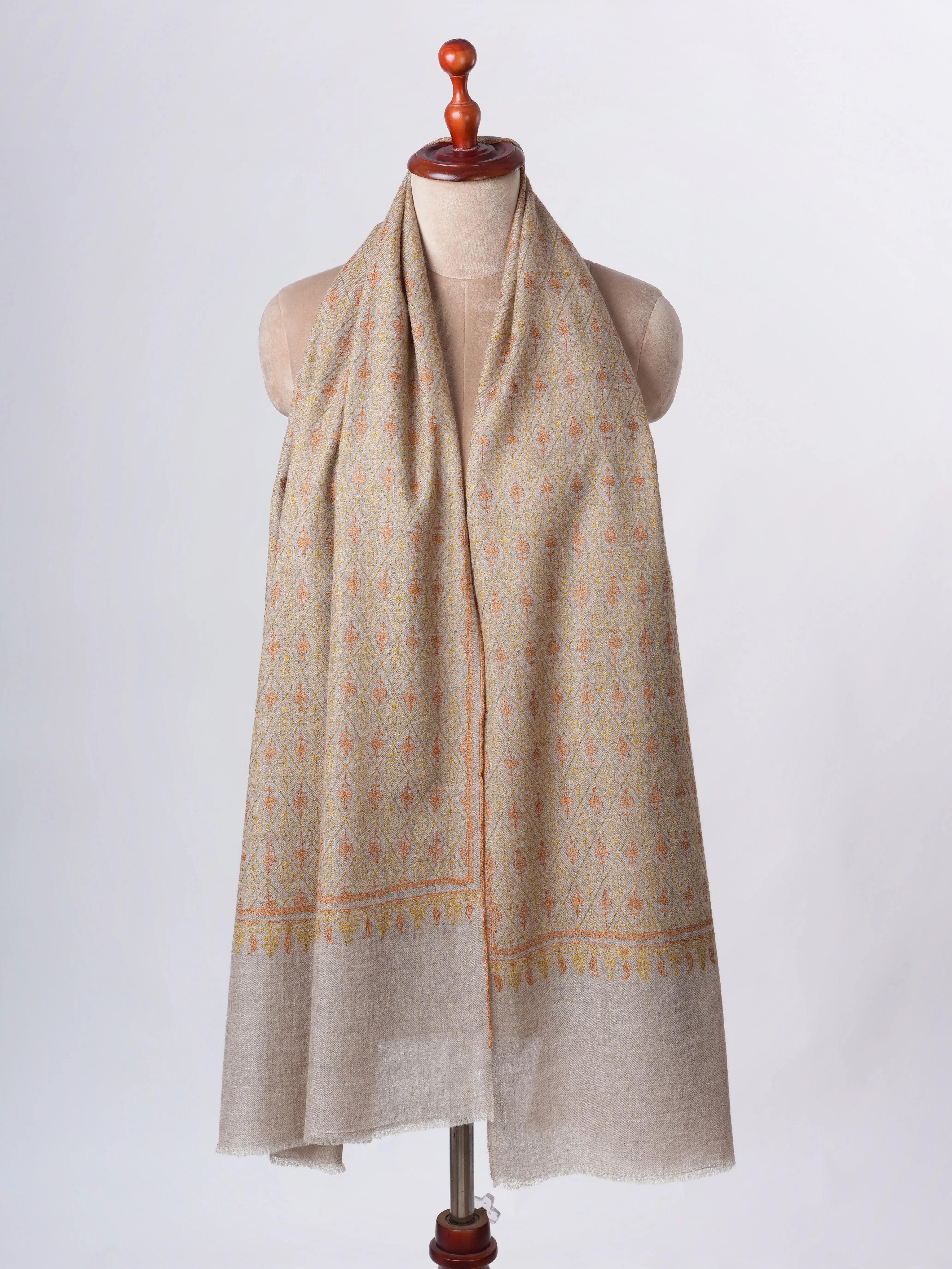 Natural Grey Baby Soft Cashmere Scarf with Jali Embroidery – Featherlight Shahkaar