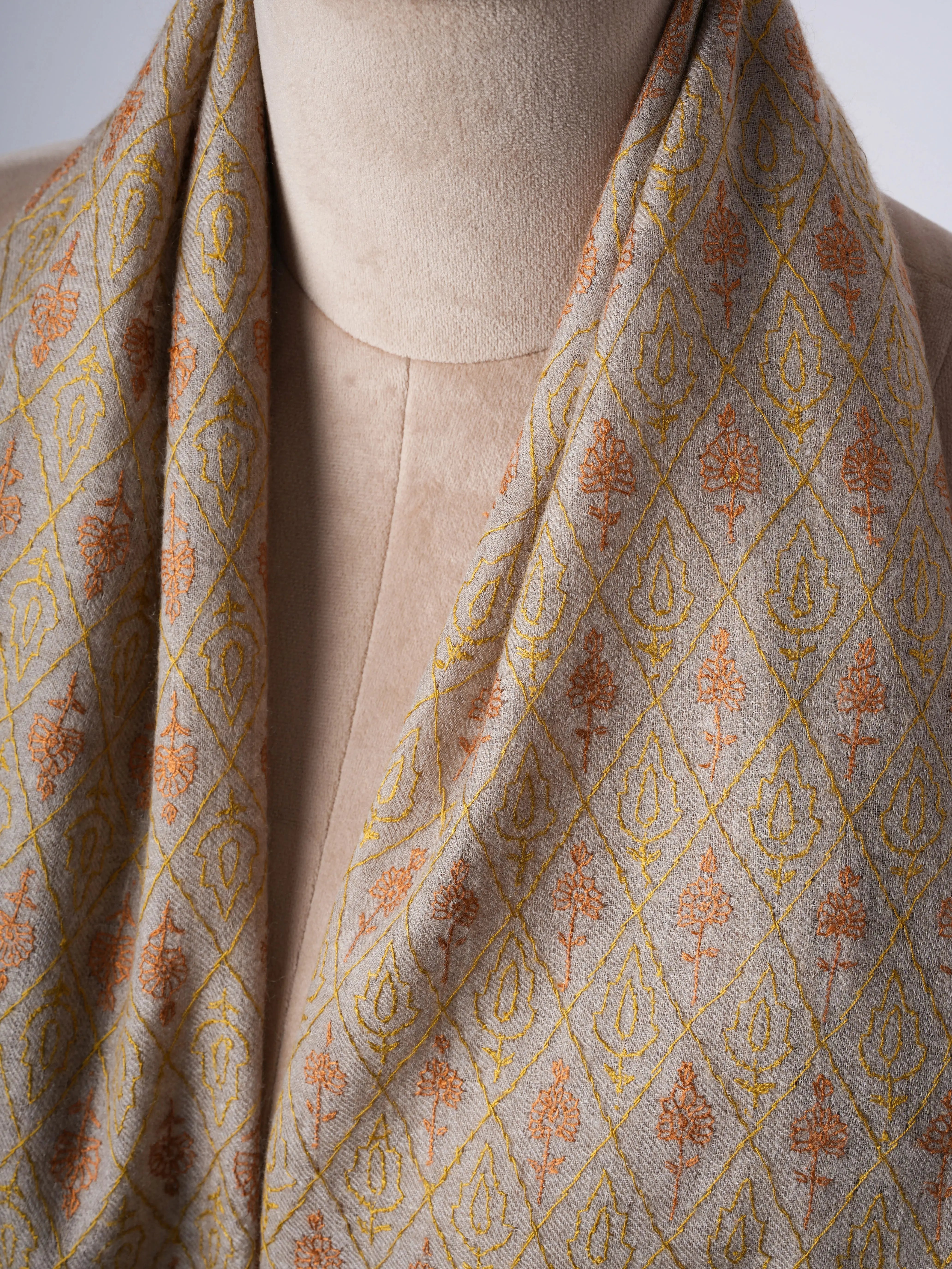 Natural Grey Baby Soft Cashmere Scarf with Jali Embroidery – Featherlight Shahkaar