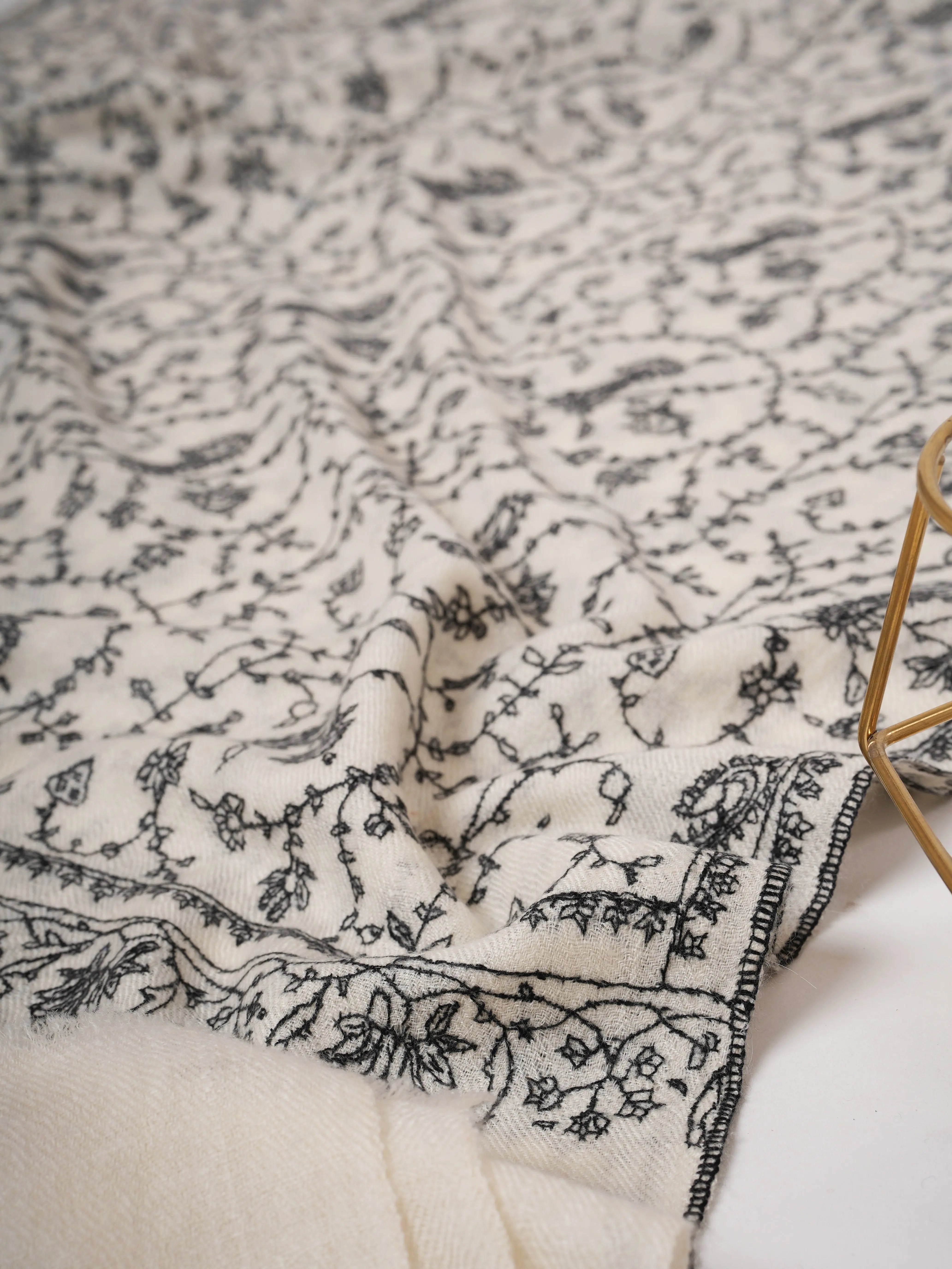 Ivory Cashmere Scarf – Baby Soft with Black Hand Embroidery Shahkaar