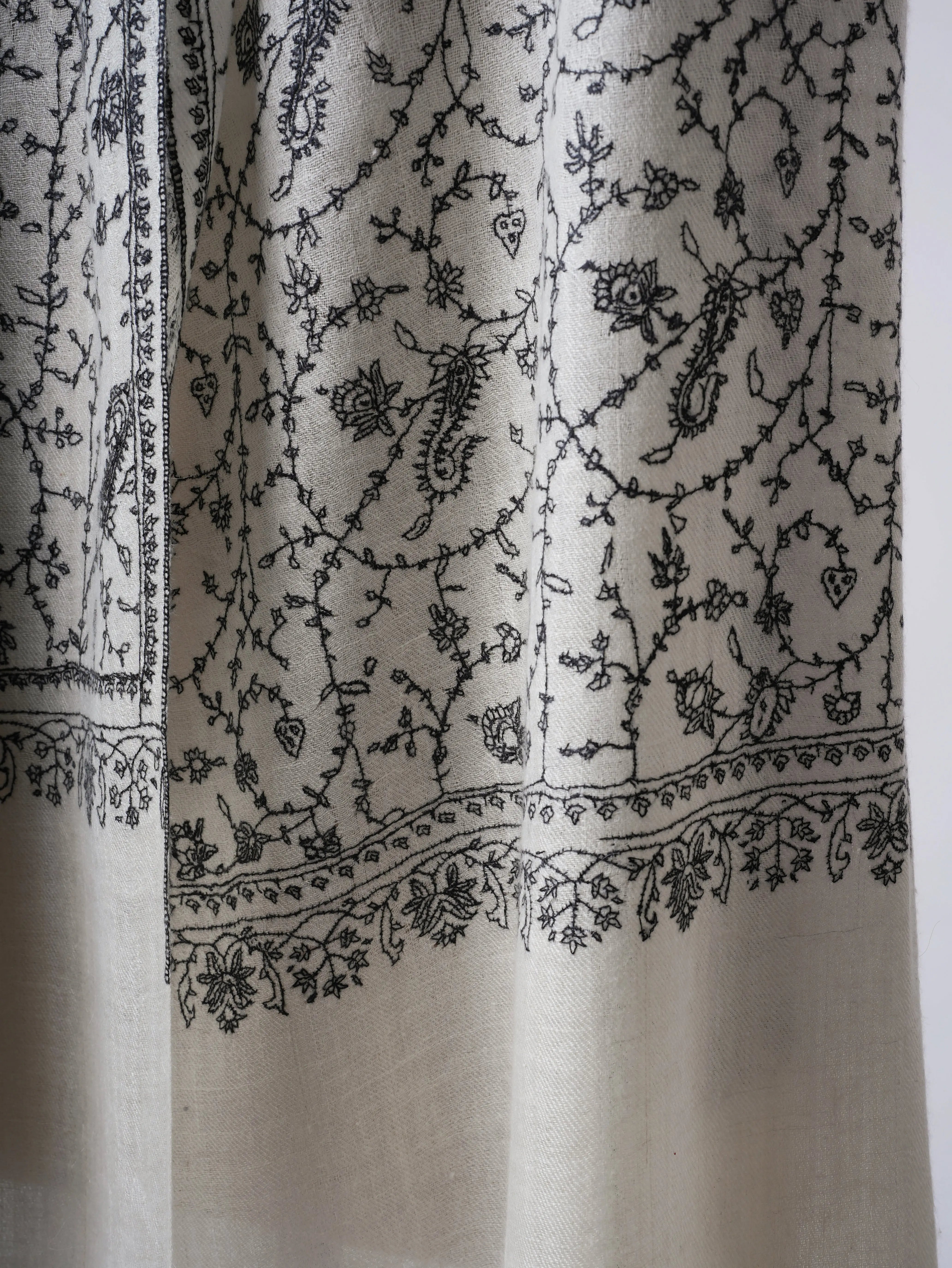 Ivory Cashmere Scarf – Baby Soft with Black Hand Embroidery Shahkaar