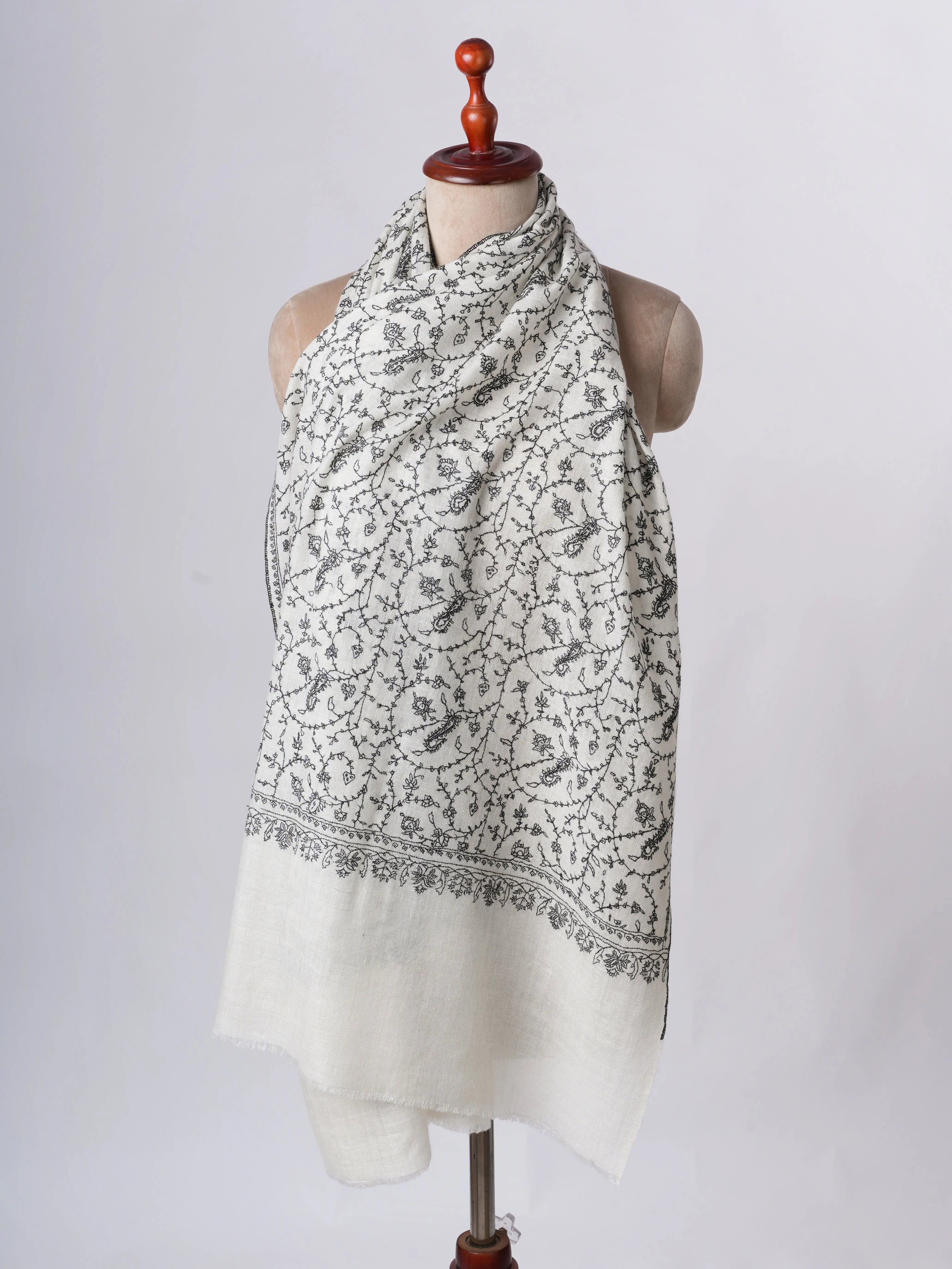 Ivory Cashmere Scarf – Baby Soft with Black Hand Embroidery Shahkaar
