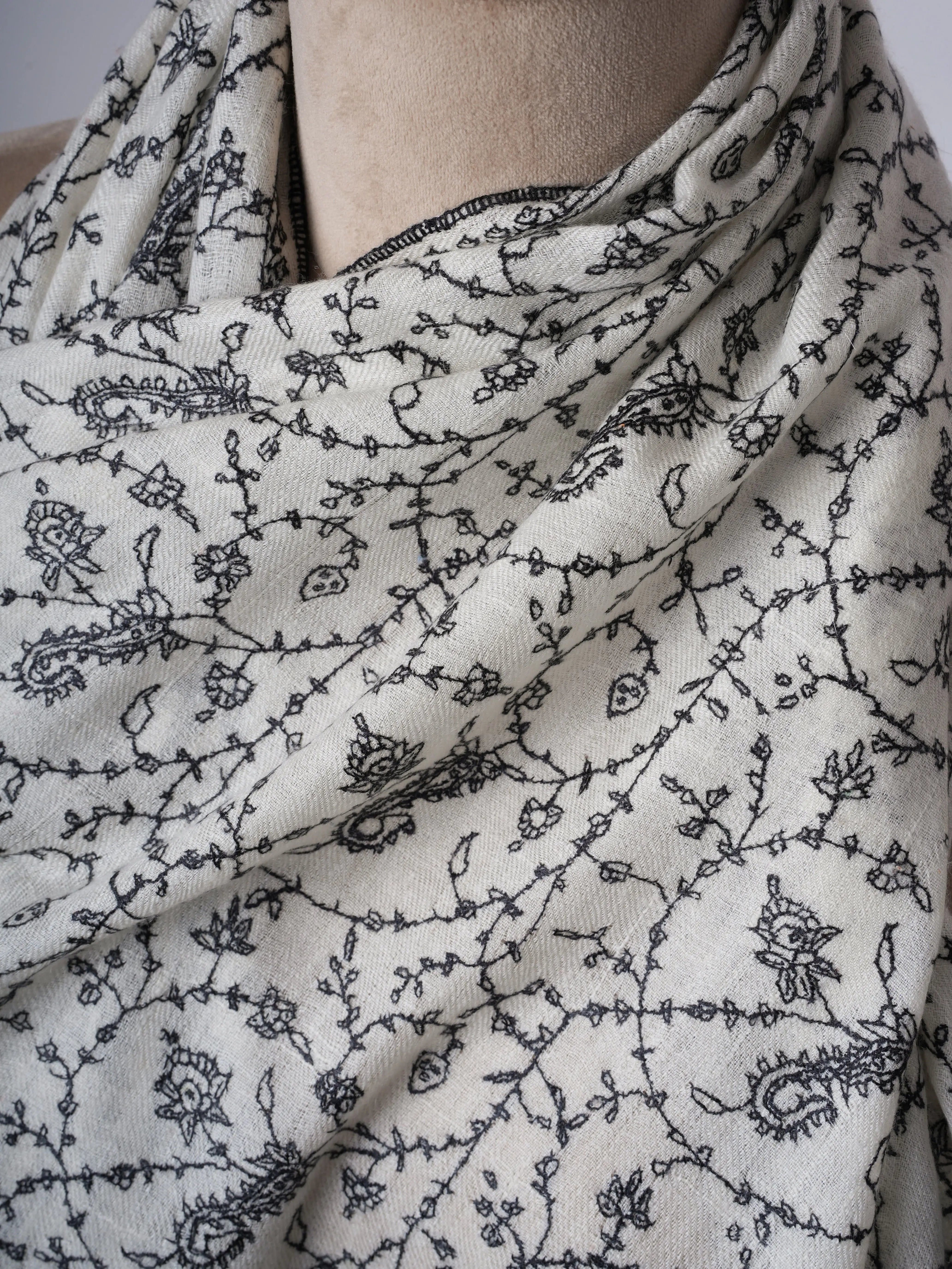 Ivory Cashmere Scarf – Baby Soft with Black Hand Embroidery Shahkaar