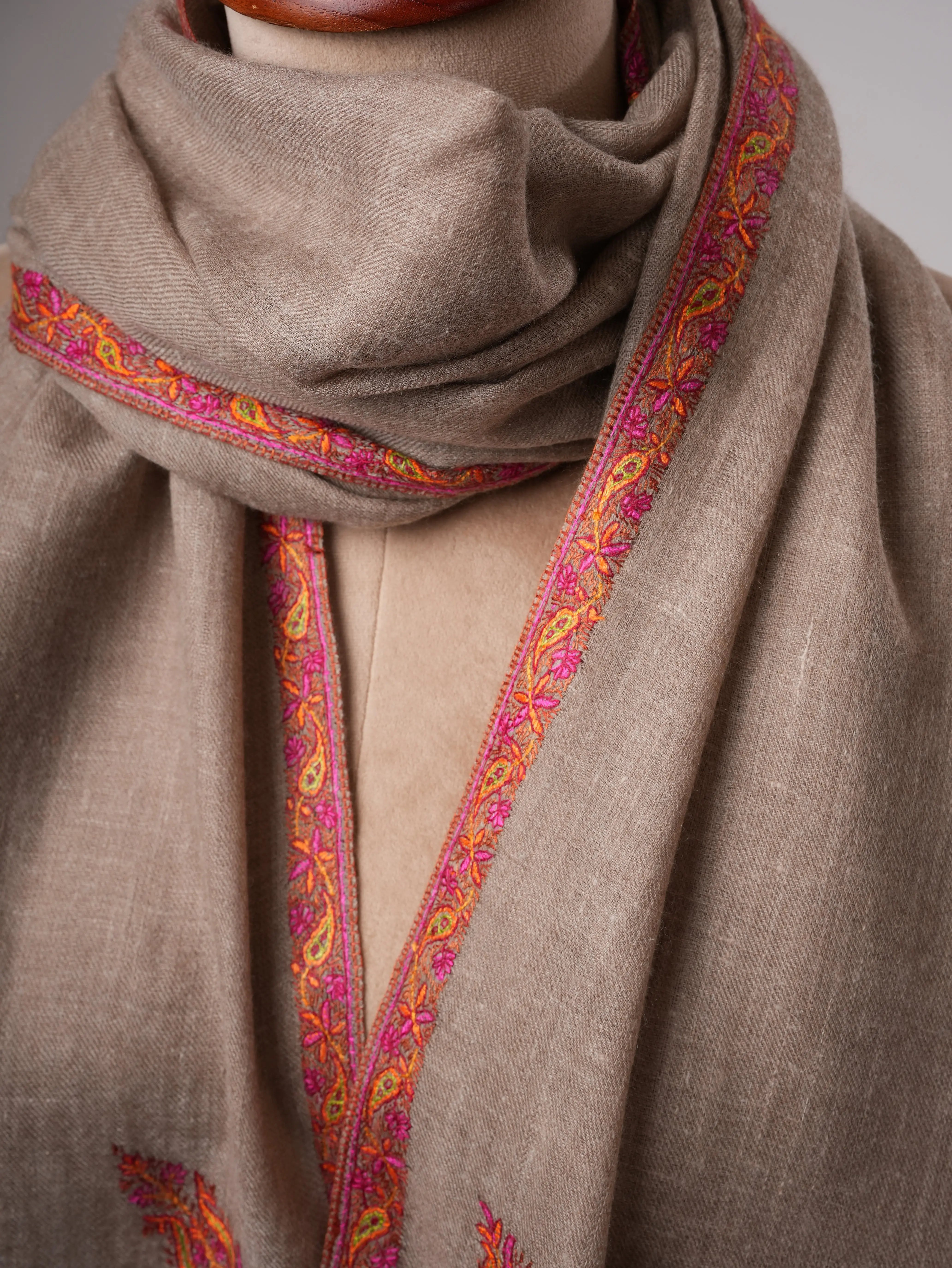 Natural Grey Hashia Embroidered Cashmere Soft Scarf Shahkaar