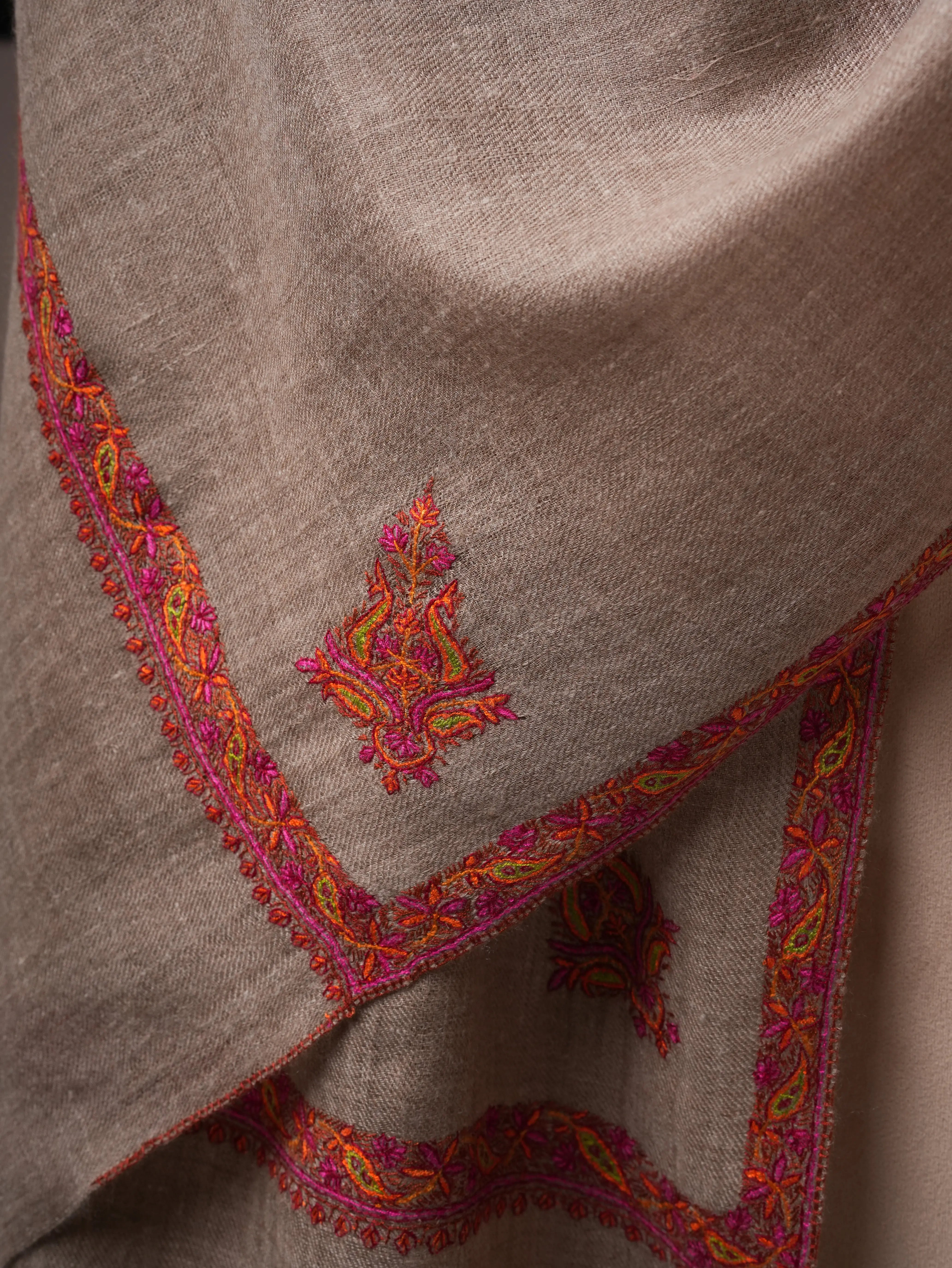 Natural Grey Hashia Embroidered Cashmere Soft Scarf Shahkaar