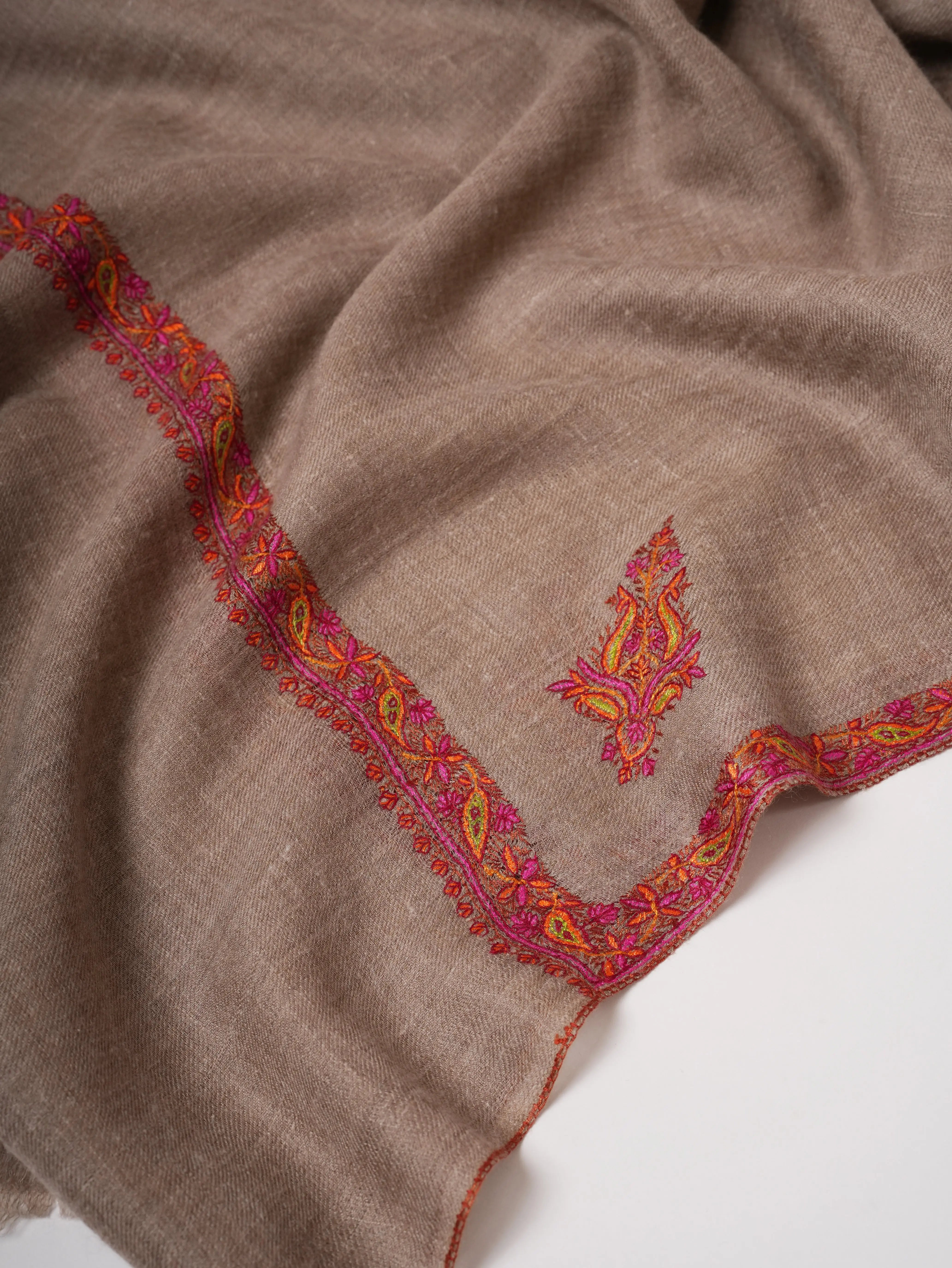 Natural Grey Hashia Embroidered Cashmere Soft Scarf Shahkaar