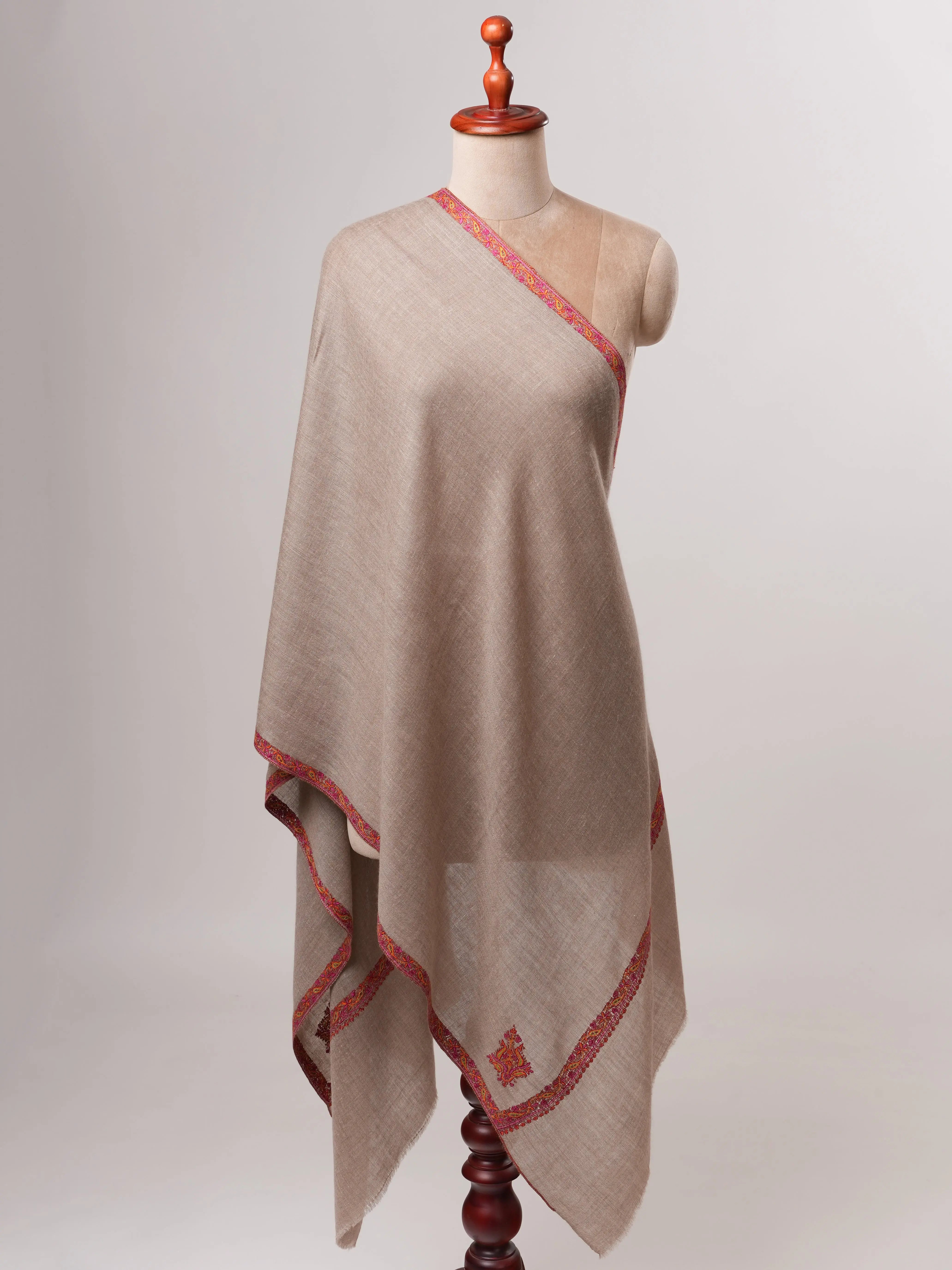 Natural Grey Hashia Embroidered Cashmere Soft Scarf Shahkaar