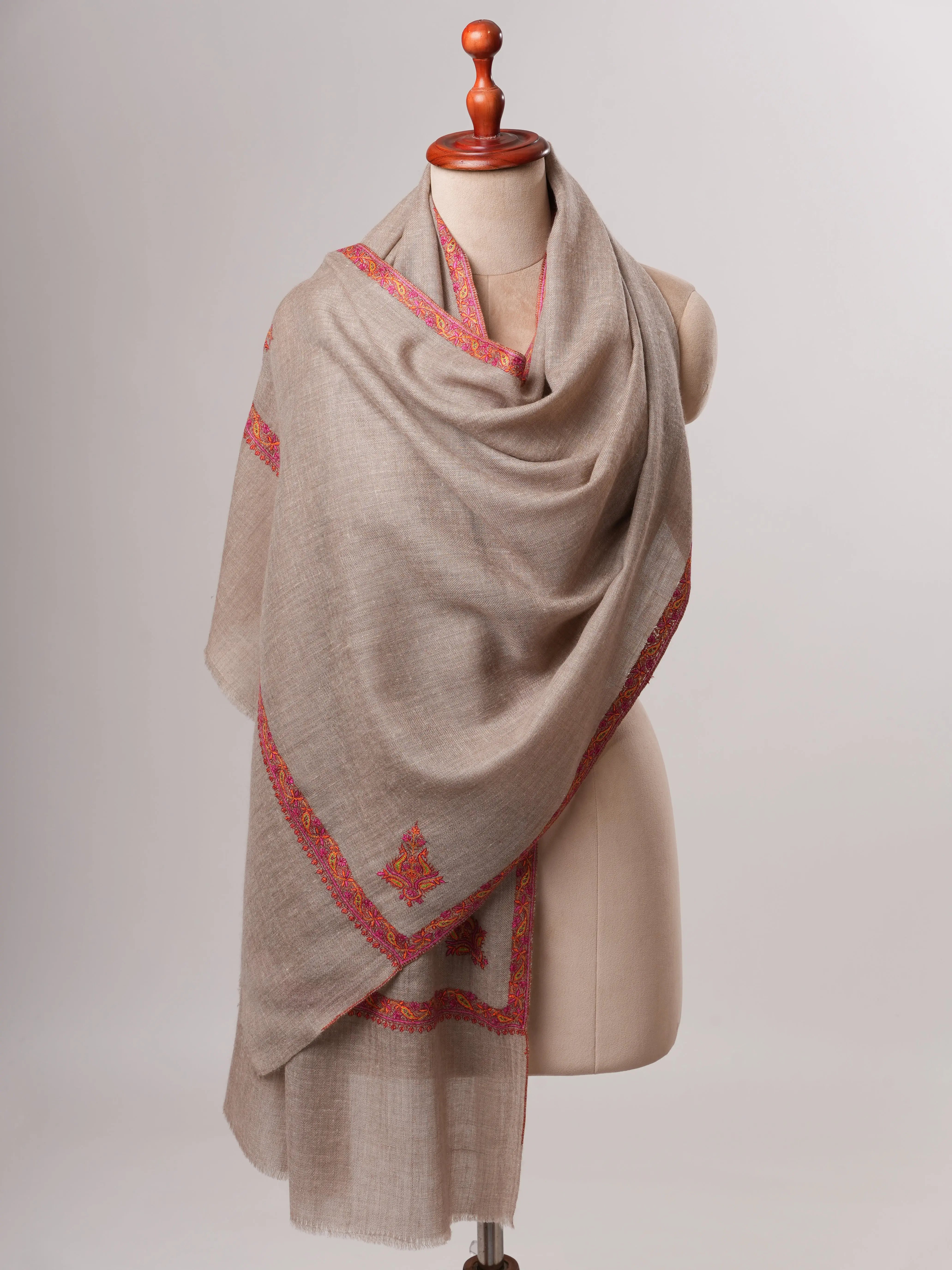 Natural Grey Hashia Embroidered Cashmere Soft Scarf Shahkaar