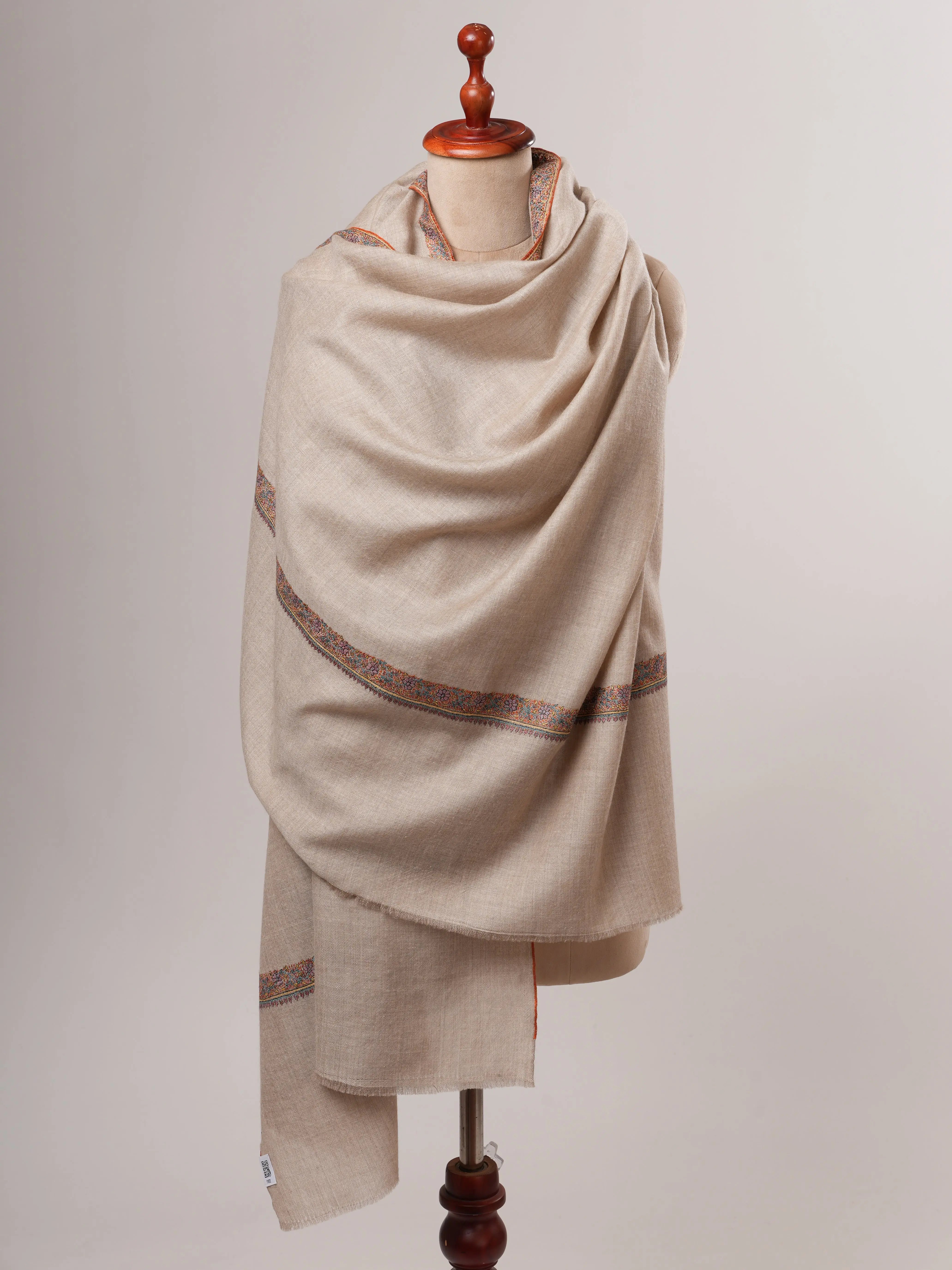 Natural Grey Kashmiri Pashmina Shawl – Hand Embroidered Hashia Border Shahkaar
