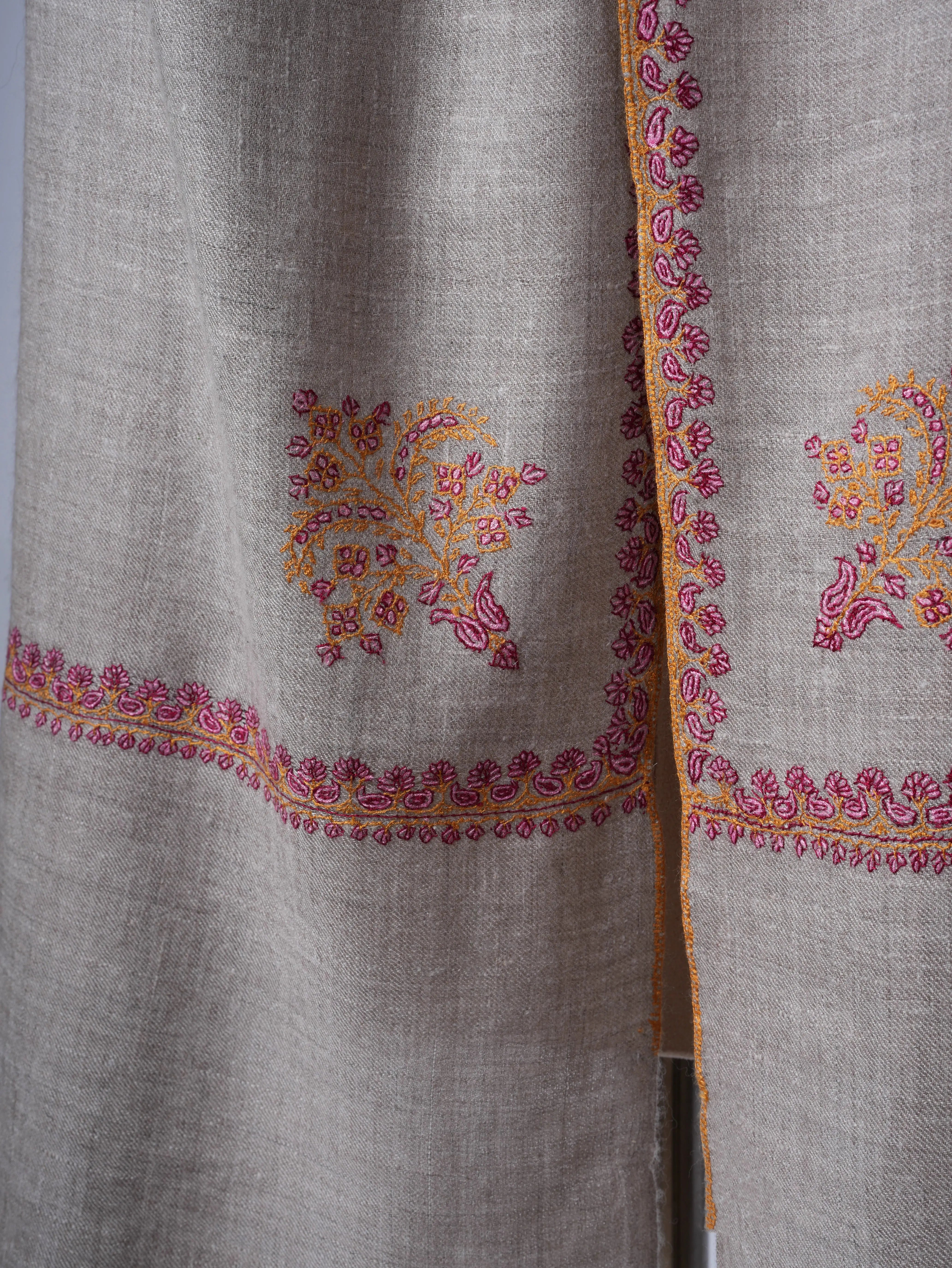Natural Grey Baby Soft Cashmere Scarf with Hand Embroidered Hashia Border Shahkaar