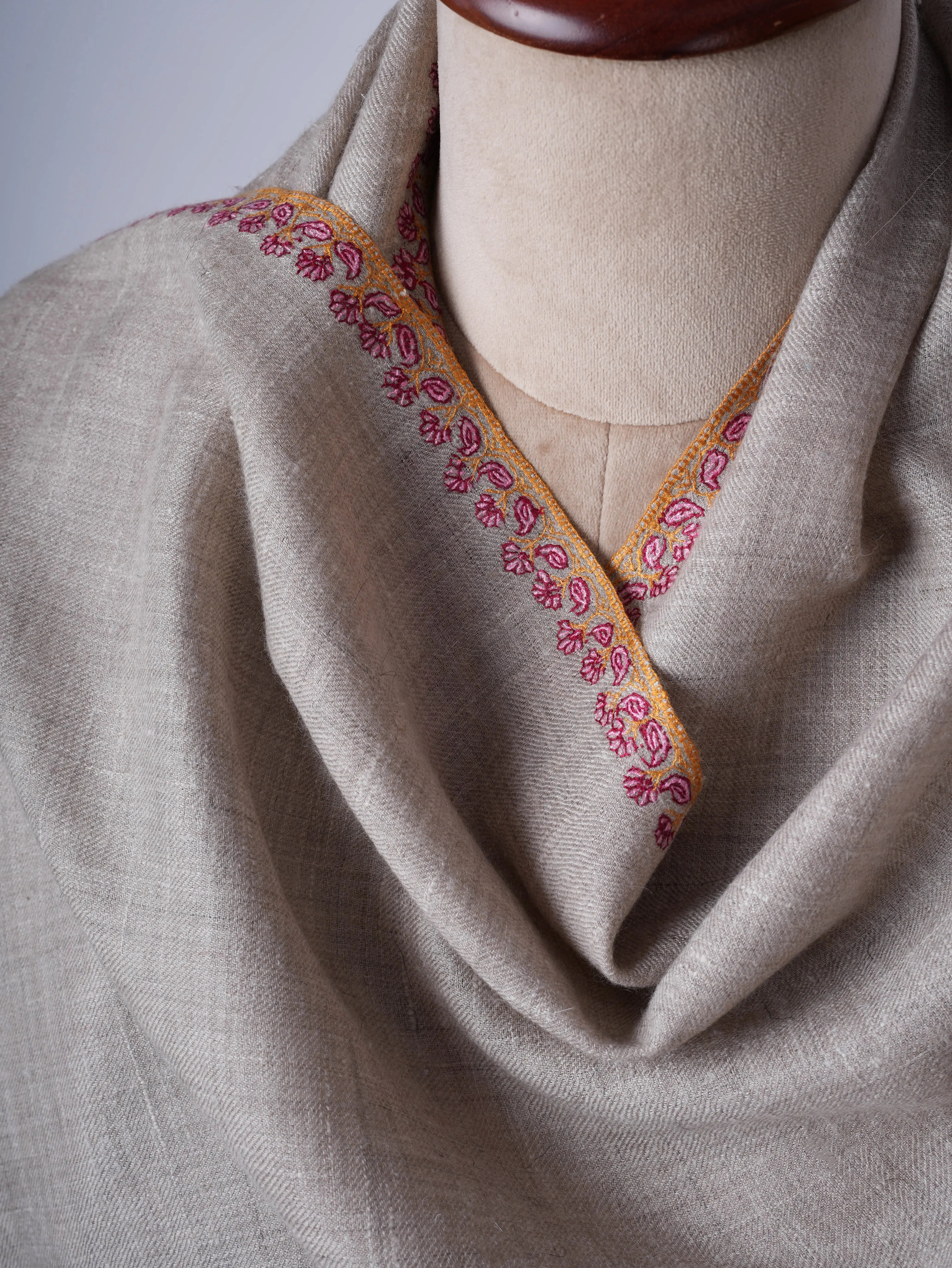 Natural Grey Baby Soft Cashmere Scarf with Hand Embroidered Hashia Border Shahkaar