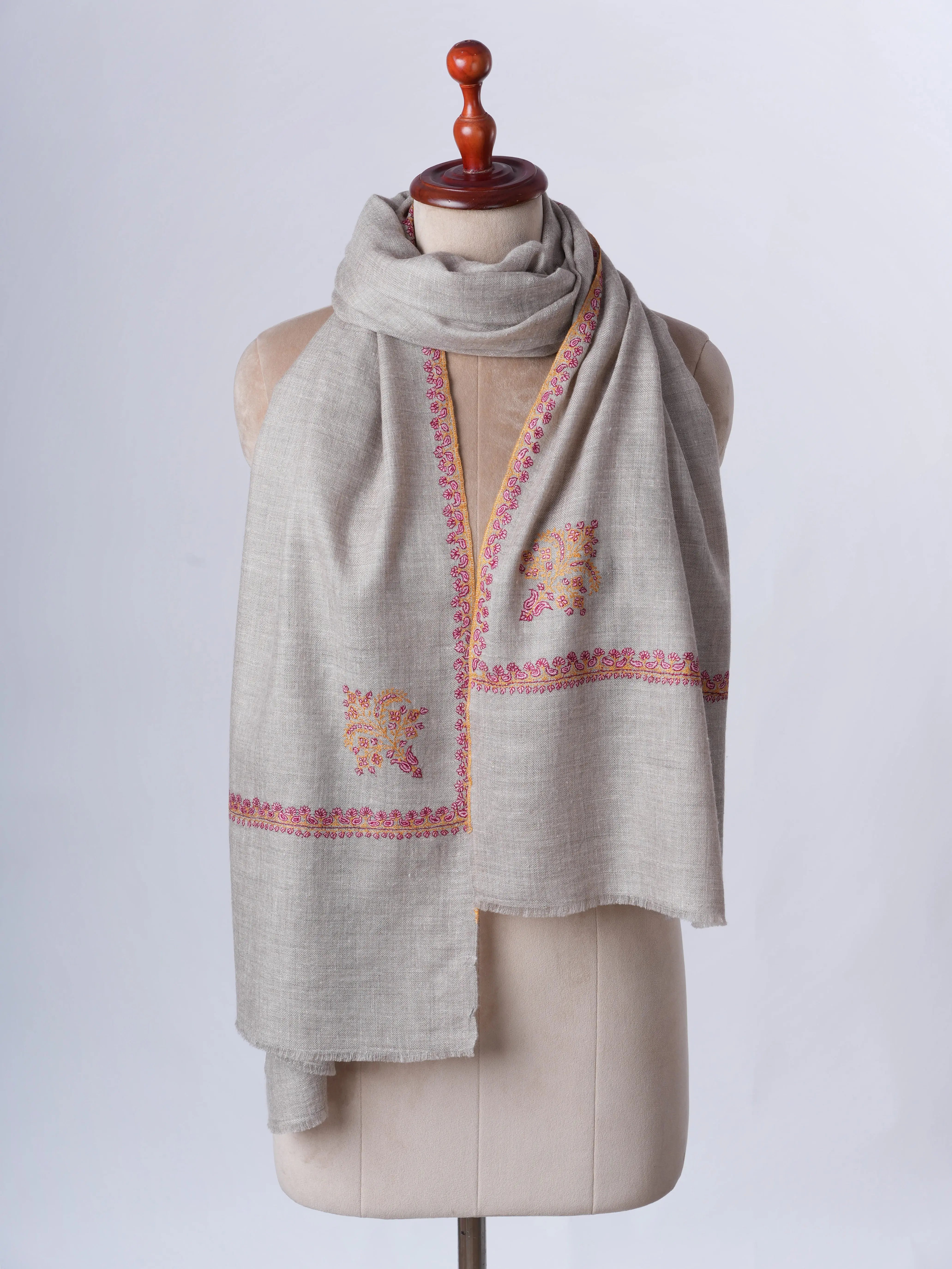 Natural Grey Baby Soft Cashmere Scarf with Hand Embroidered Hashia Border Shahkaar