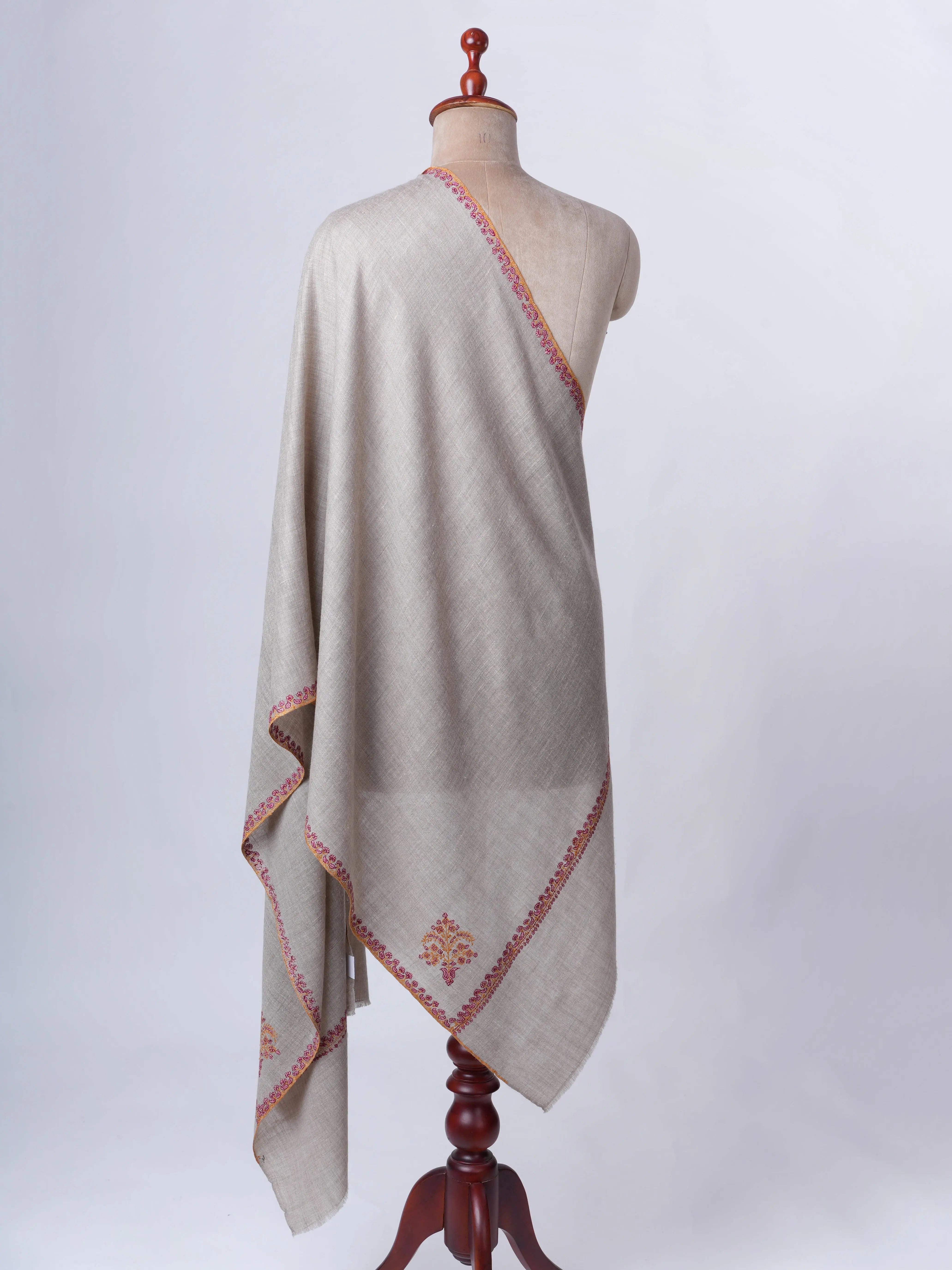 Natural Grey Baby Soft Cashmere Scarf with Hand Embroidered Hashia Border Shahkaar