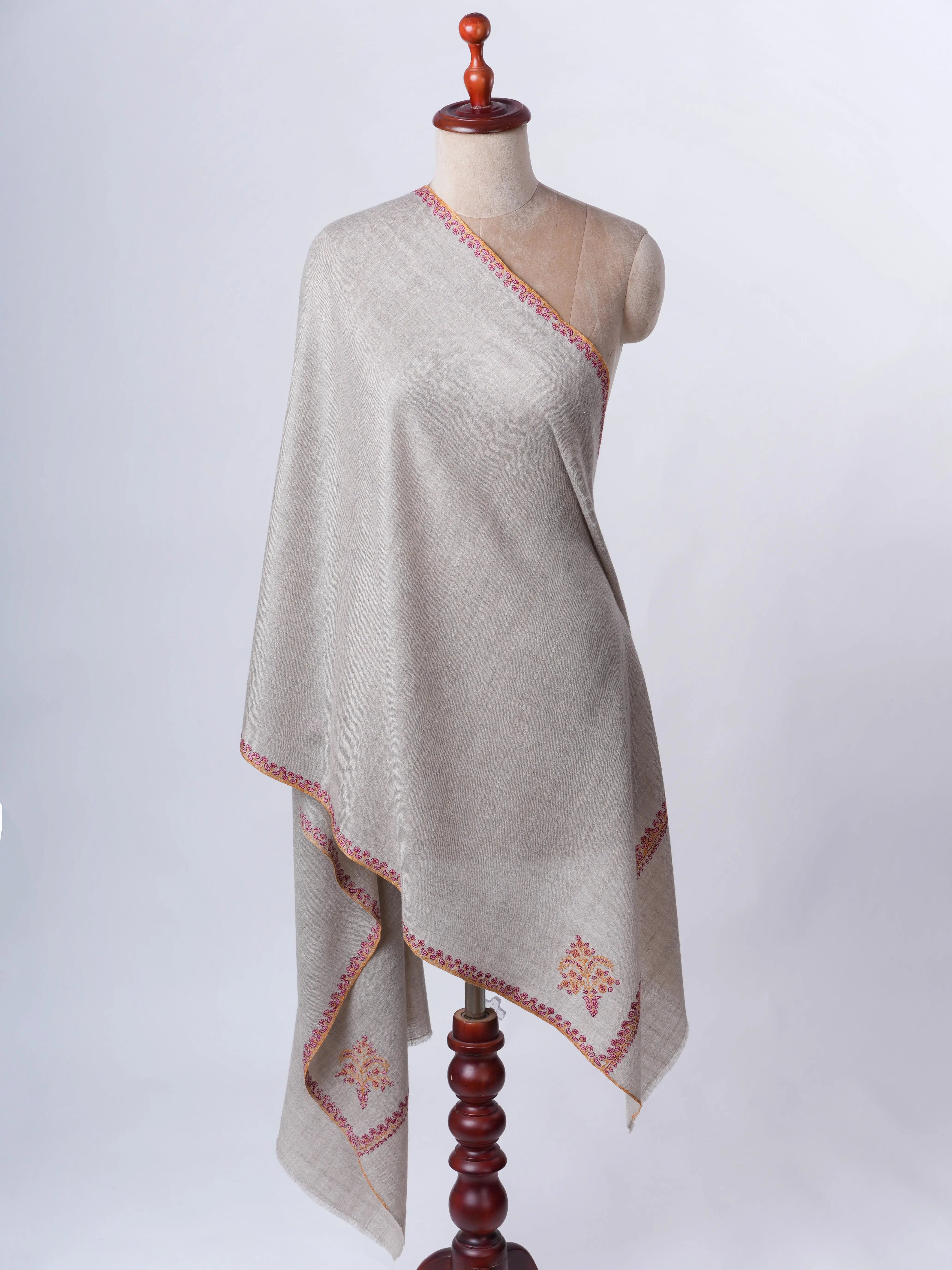 Natural Grey Baby Soft Cashmere Scarf with Hand Embroidered Hashia Border Shahkaar