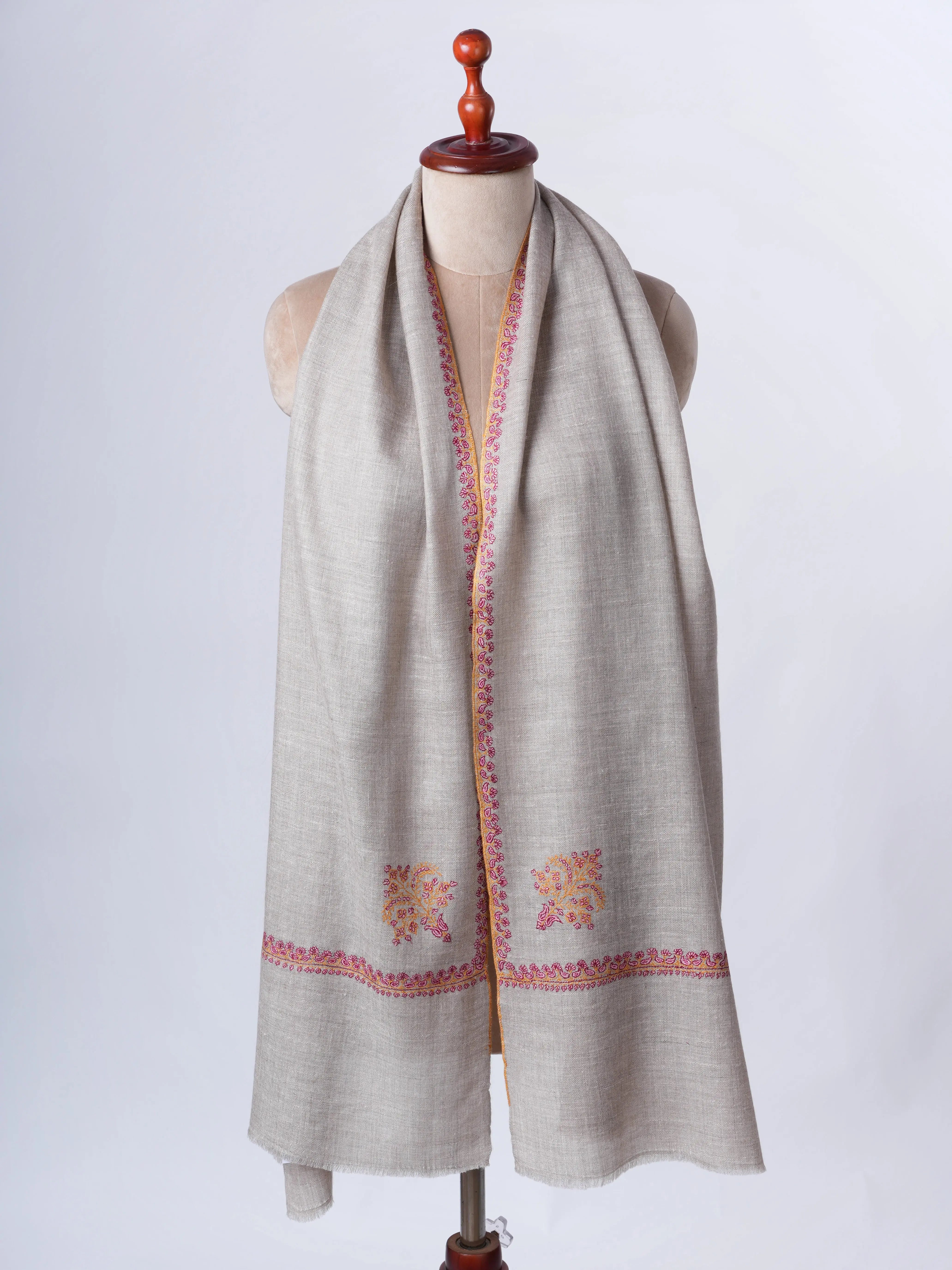 Natural Grey Baby Soft Cashmere Scarf with Hand Embroidered Hashia Border Shahkaar