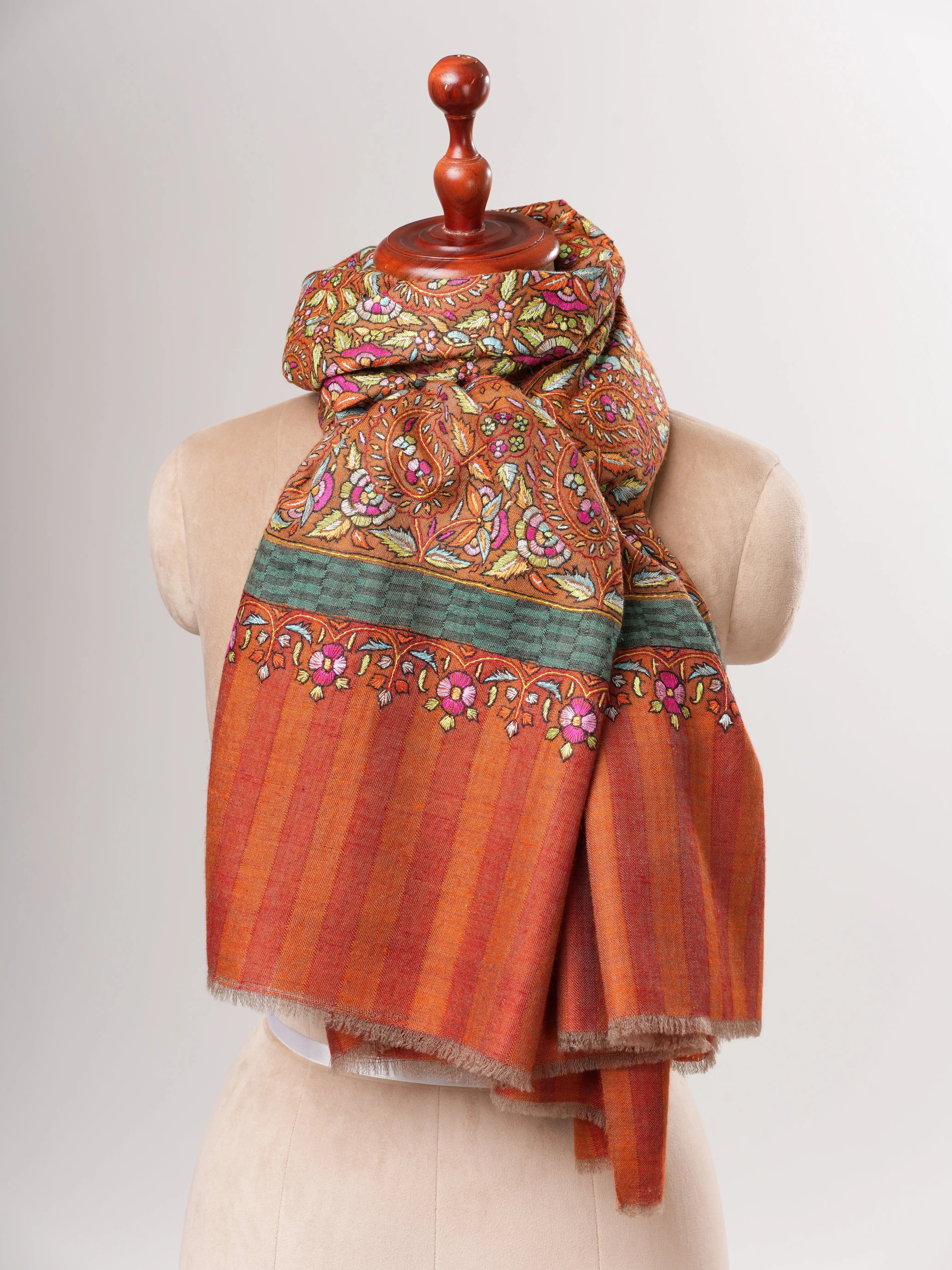 Orange Papermachie Hand Embroidered Pashmina Shawl with Dual Shade Stripes Shahkaar