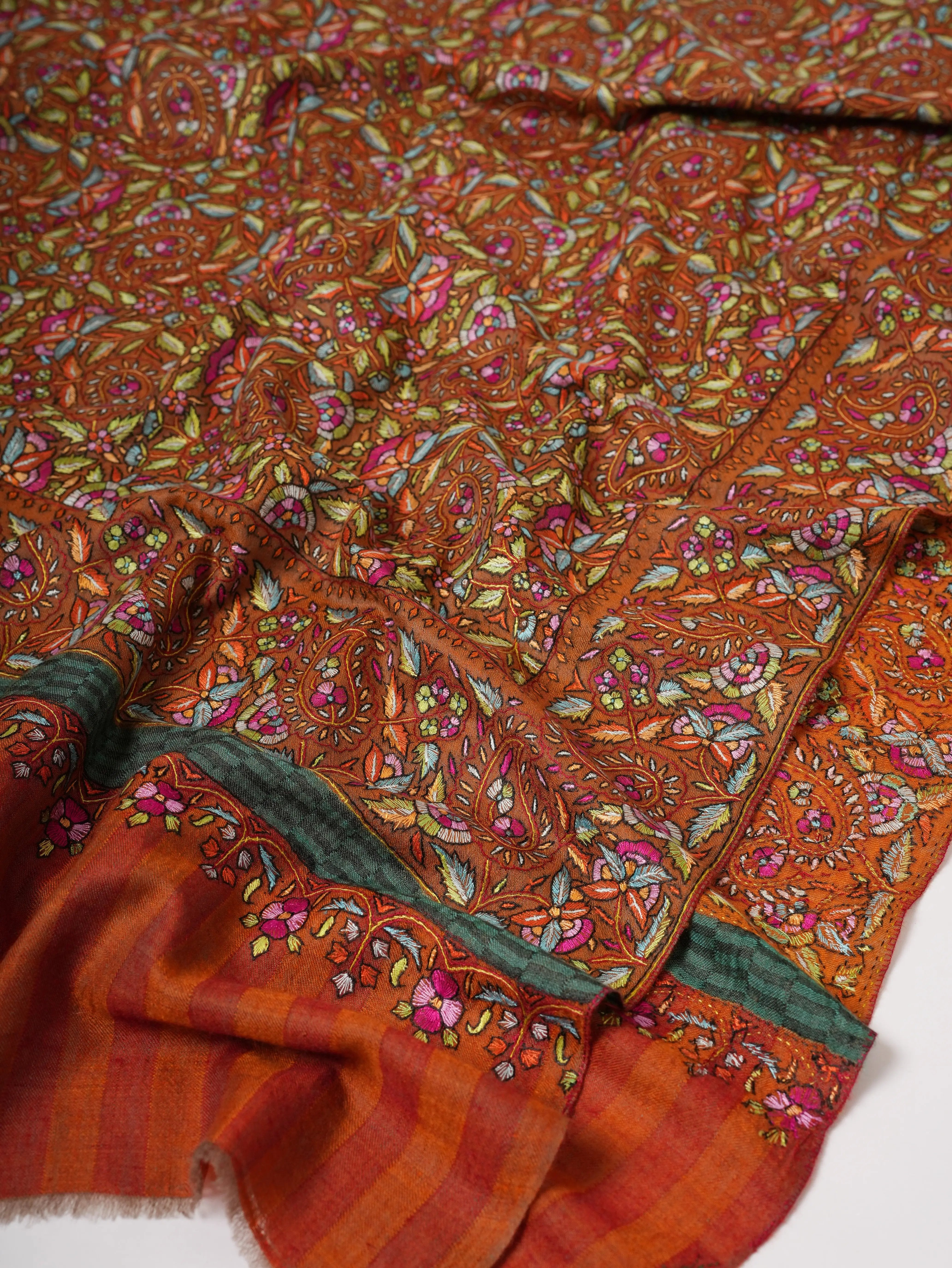 Orange Papermachie Hand Embroidered Pashmina Shawl with Dual Shade Stripes Shahkaar