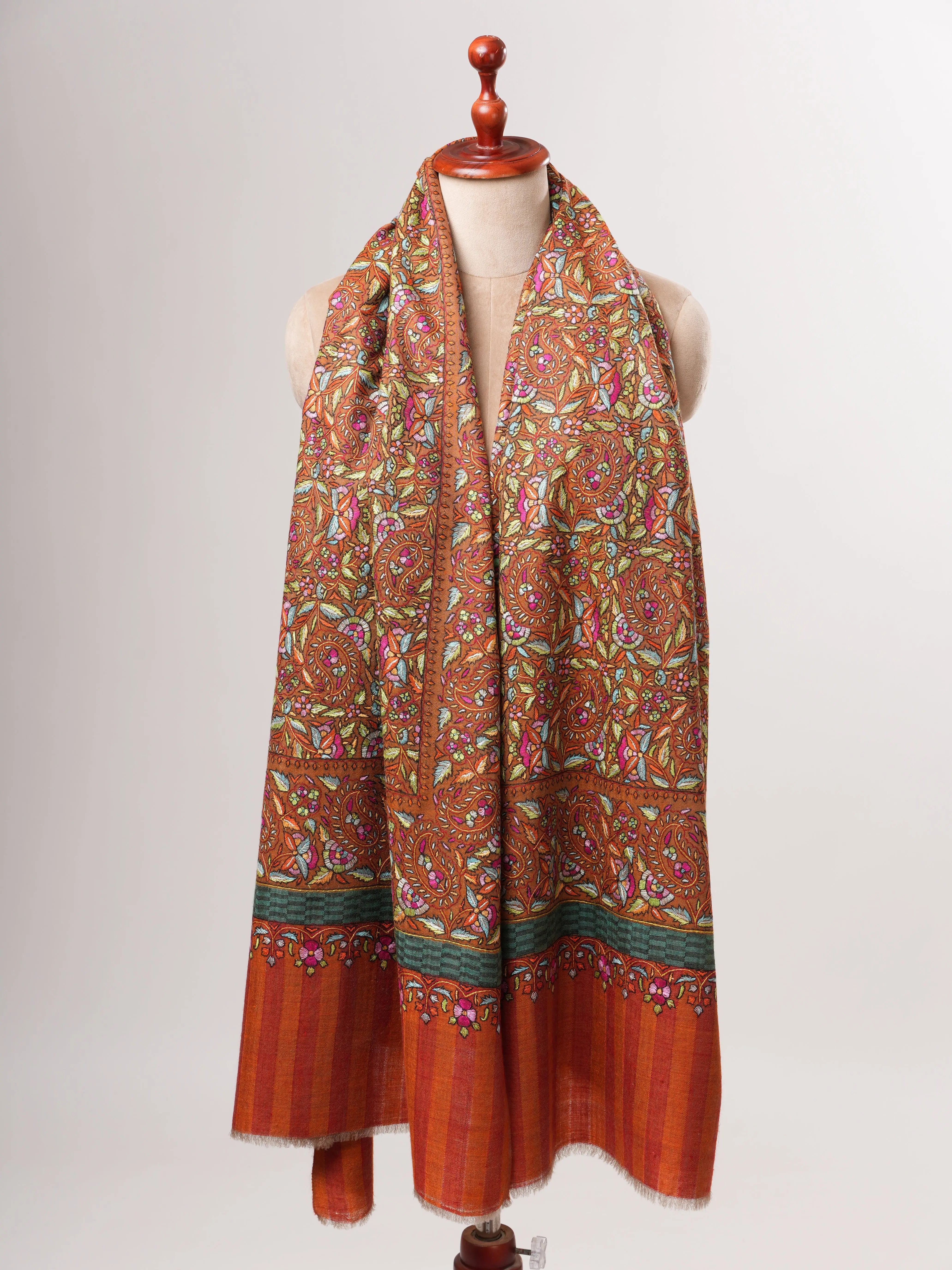 Orange Papermachie Hand Embroidered Pashmina Shawl with Dual Shade Stripes Shahkaar