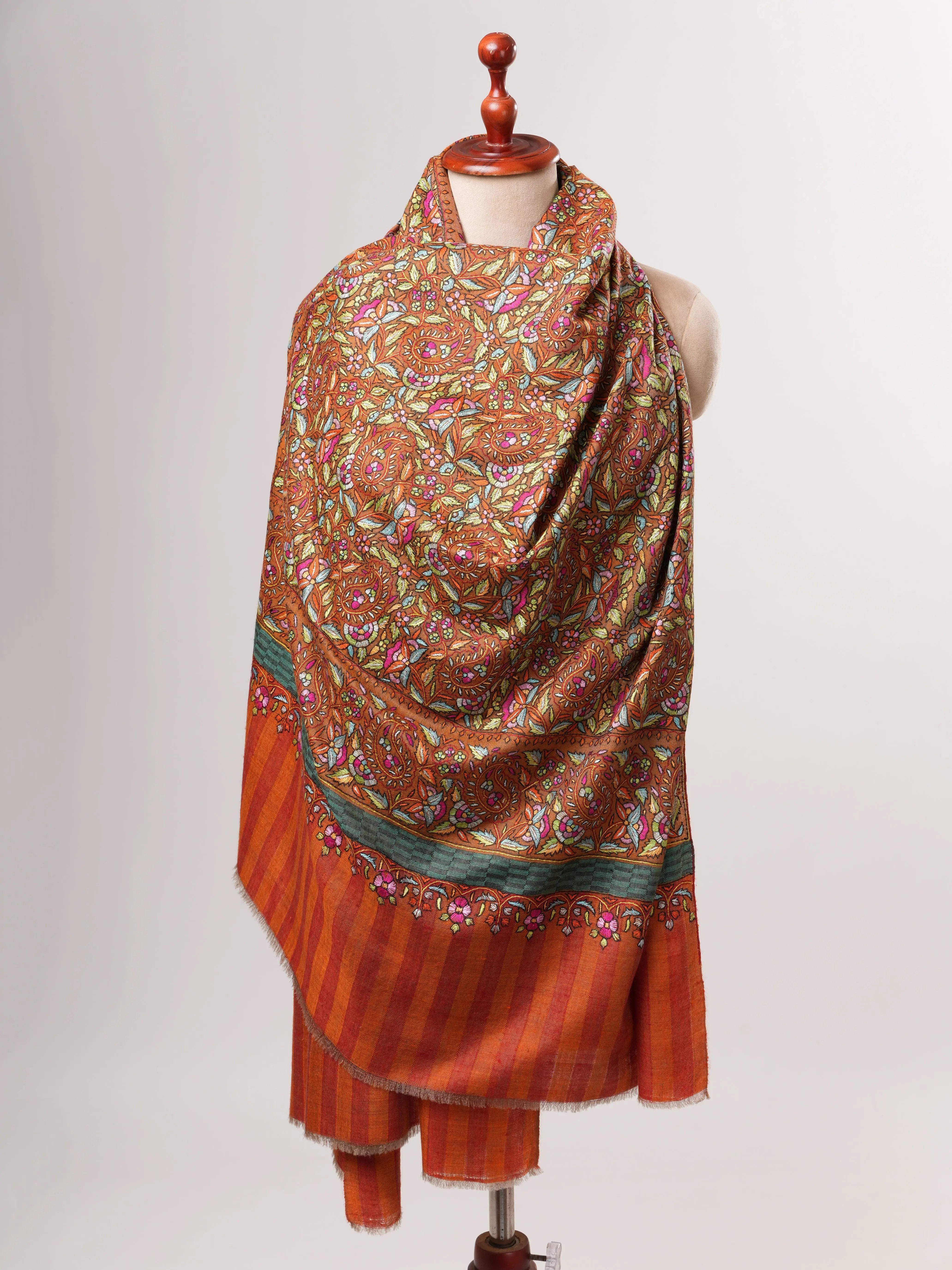 Orange Papermachie Hand Embroidered Pashmina Shawl with Dual Shade Stripes Shahkaar
