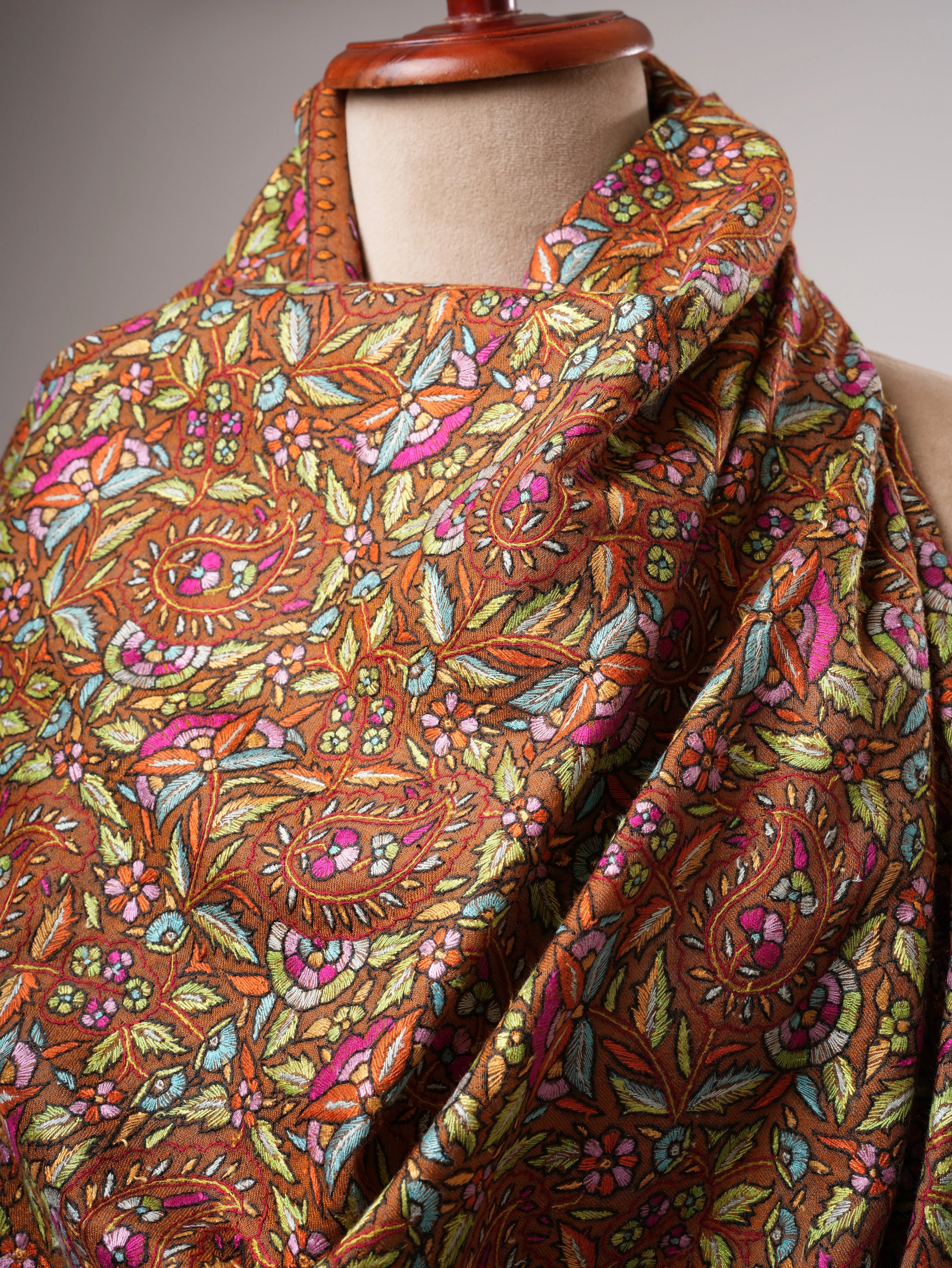 Orange Papermachie Hand Embroidered Pashmina Shawl with Dual Shade Stripes Shahkaar