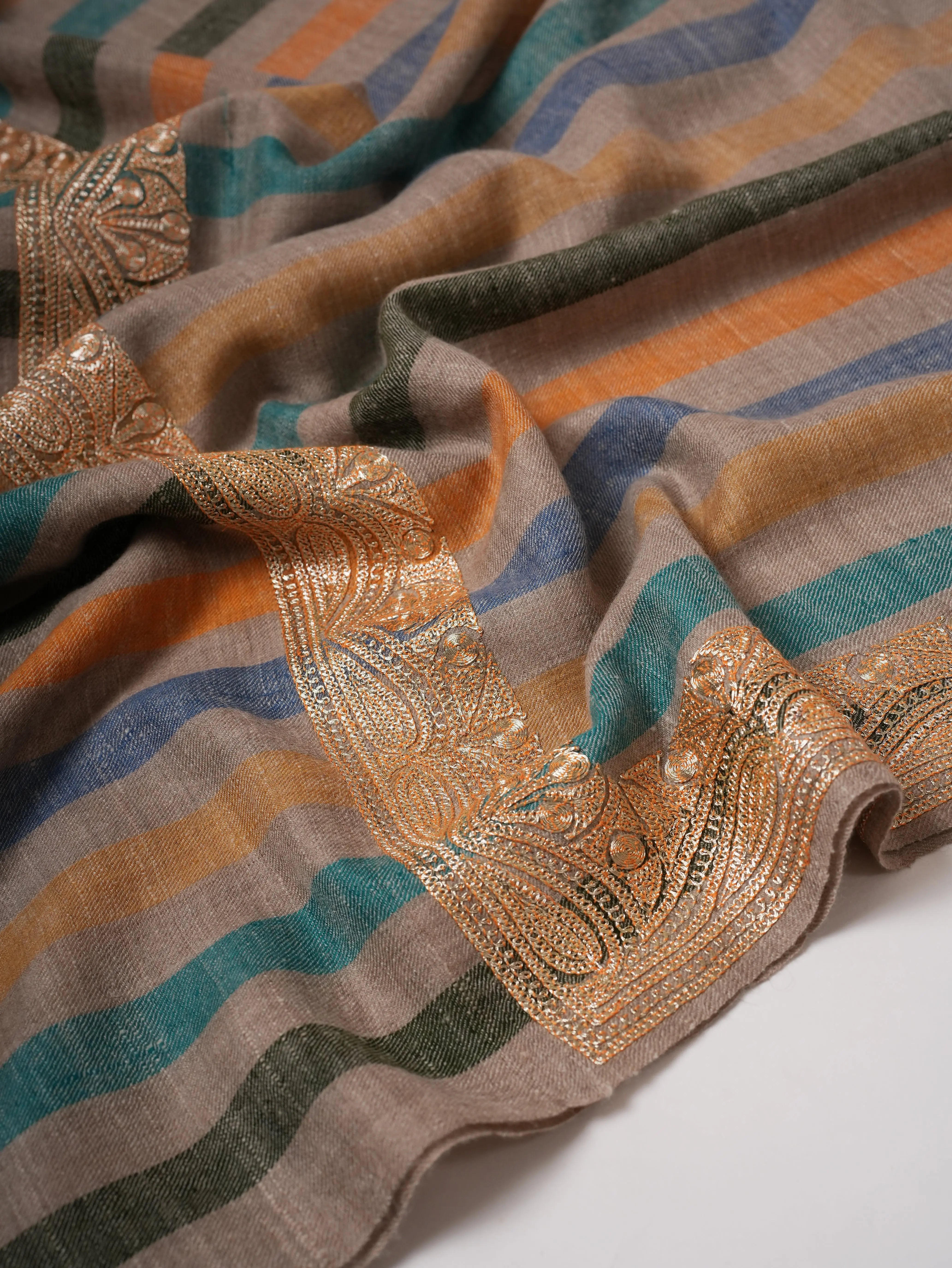 Striped Pashmina Shawl with Gold Tilla Daurdar Embroidery Shahkaar