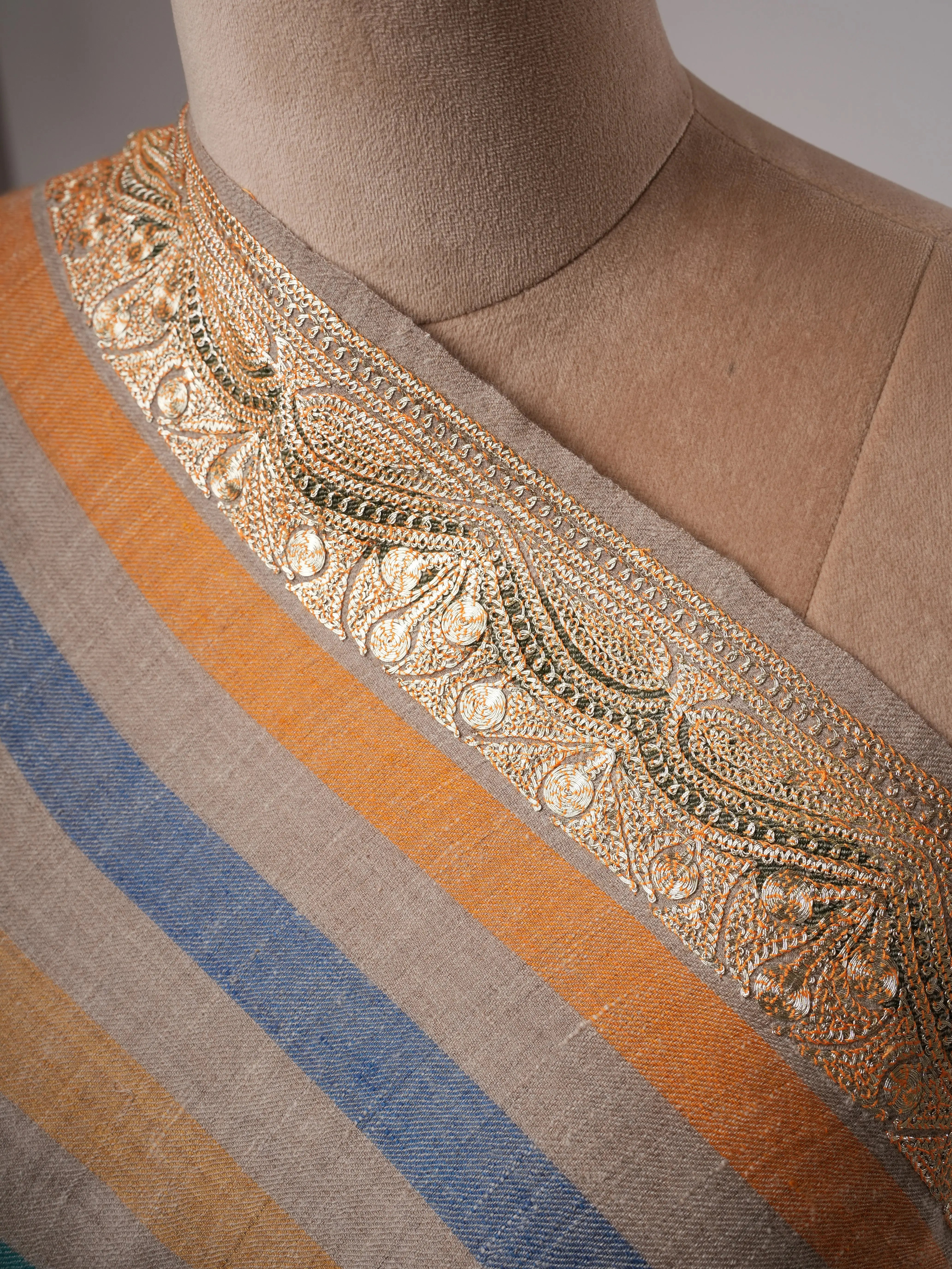 Striped Pashmina Shawl with Gold Tilla Daurdar Embroidery Shahkaar