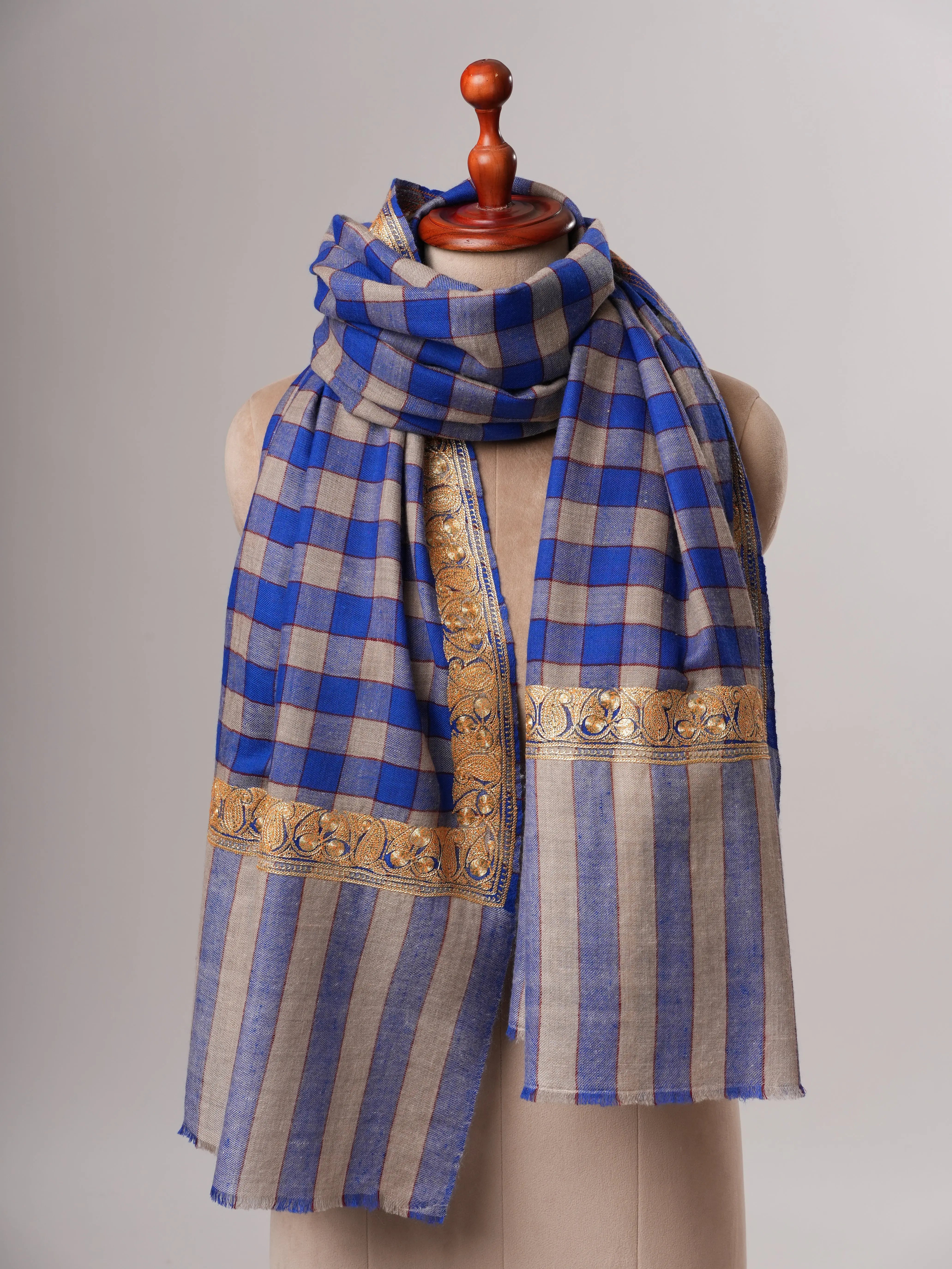 Check Pashmina Shawl with Neemdaur Gold Tilla Embroidery Shahkaar