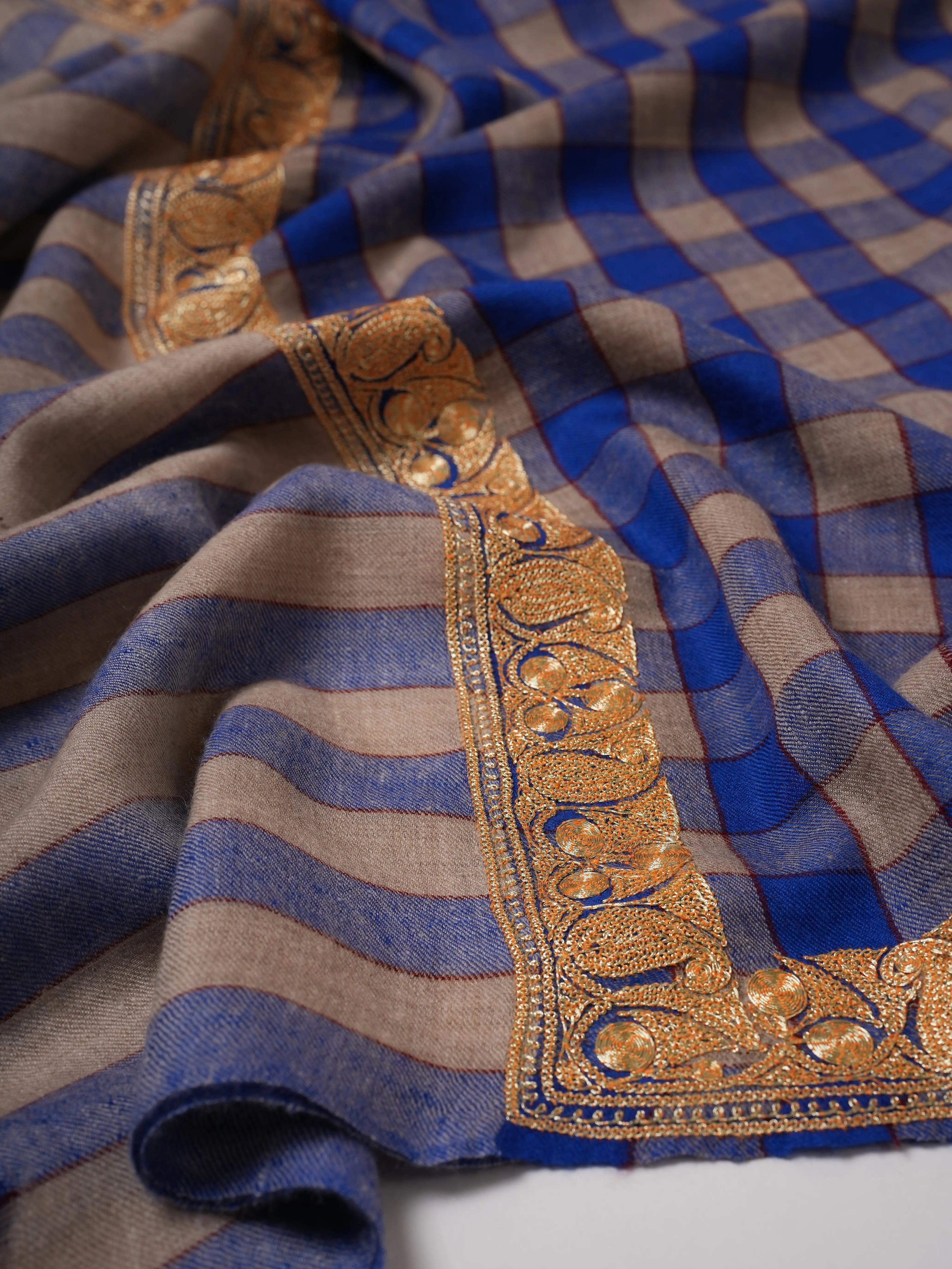 Check Pashmina Shawl with Neemdaur Gold Tilla Embroidery Shahkaar