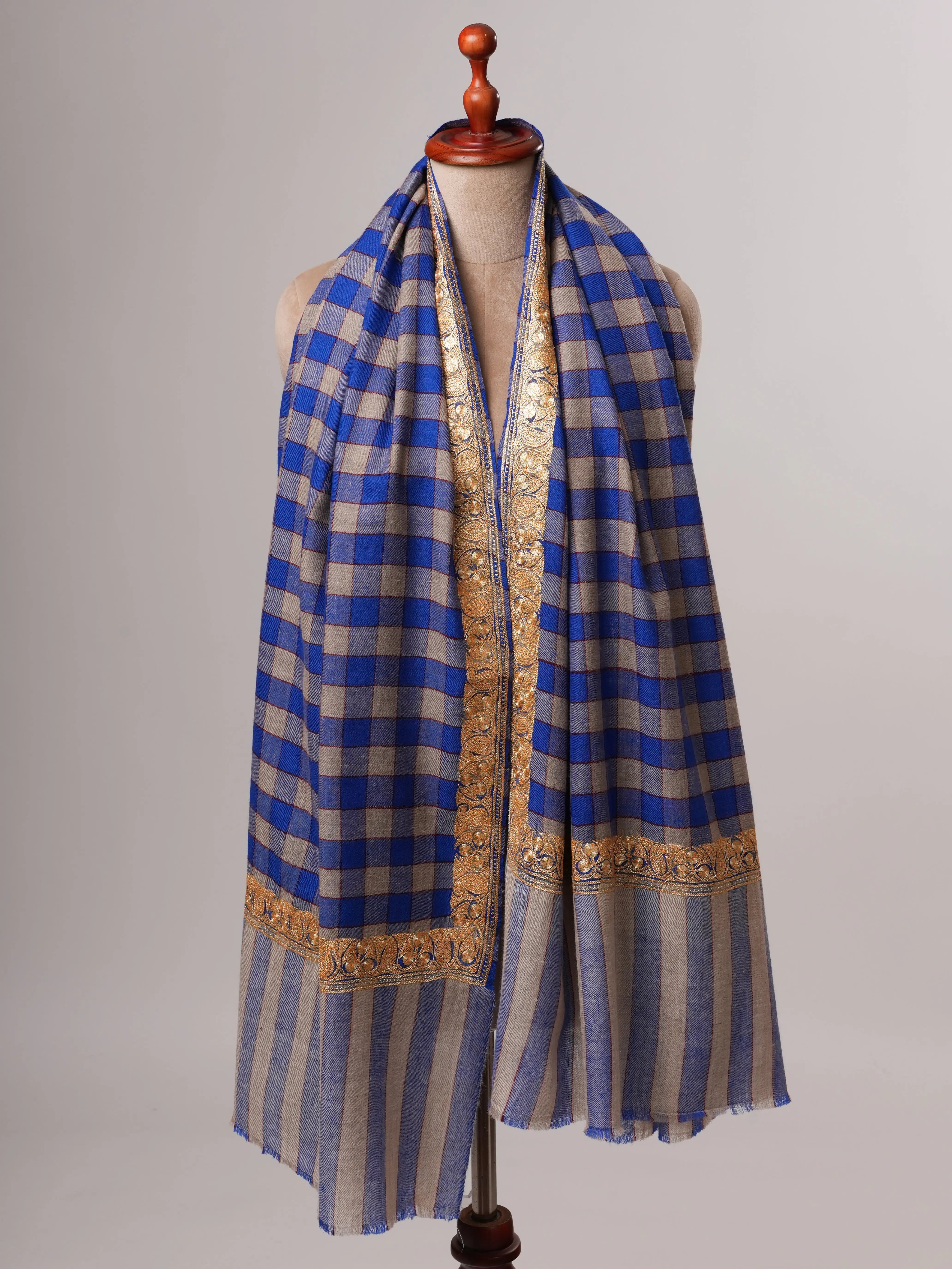 Check Pashmina Shawl with Neemdaur Gold Tilla Embroidery Shahkaar