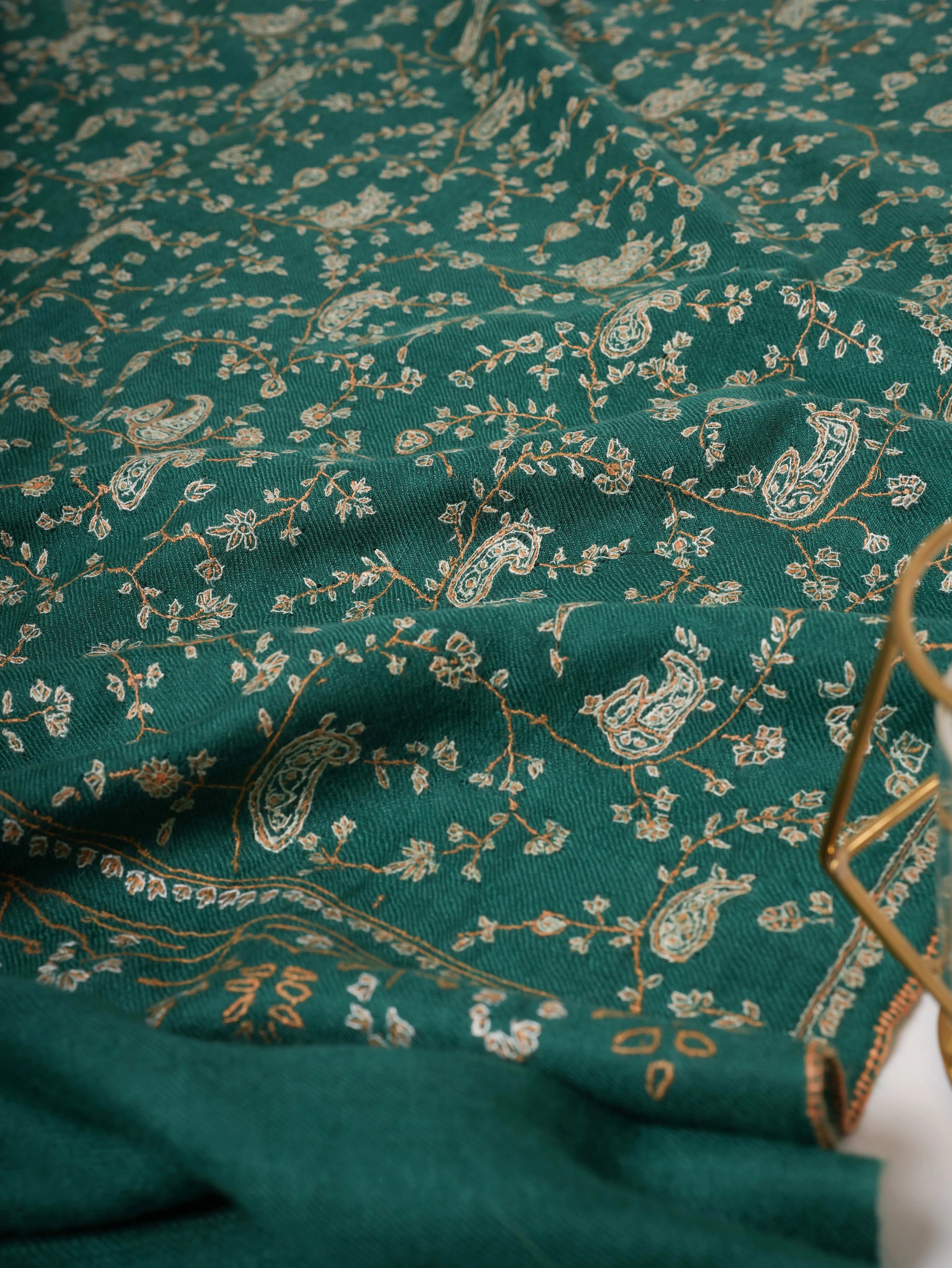 Green Jali Needlework Baby Soft Cashmere Scarf Shahkaar