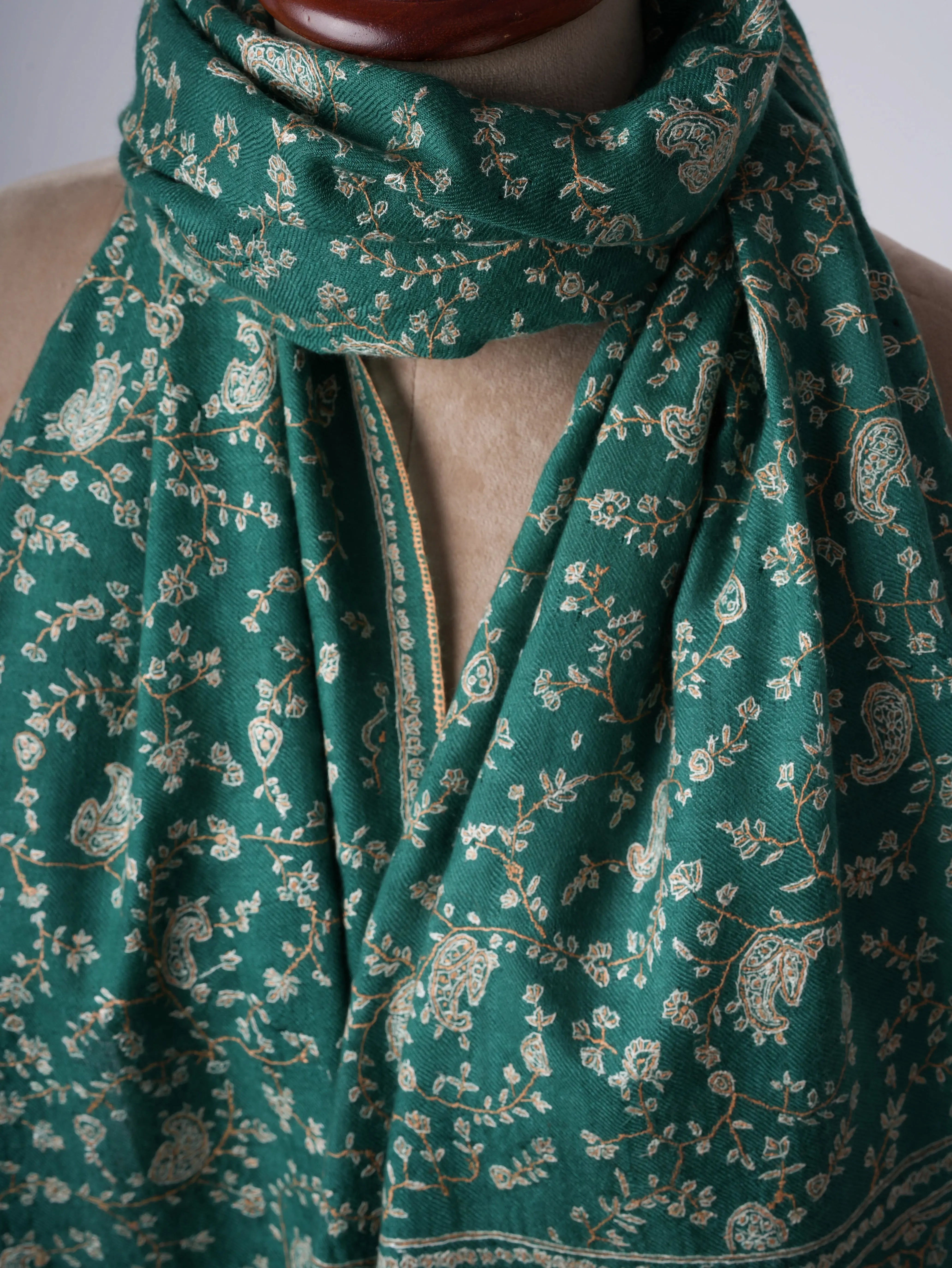 Green Jali Needlework Baby Soft Cashmere Scarf Shahkaar