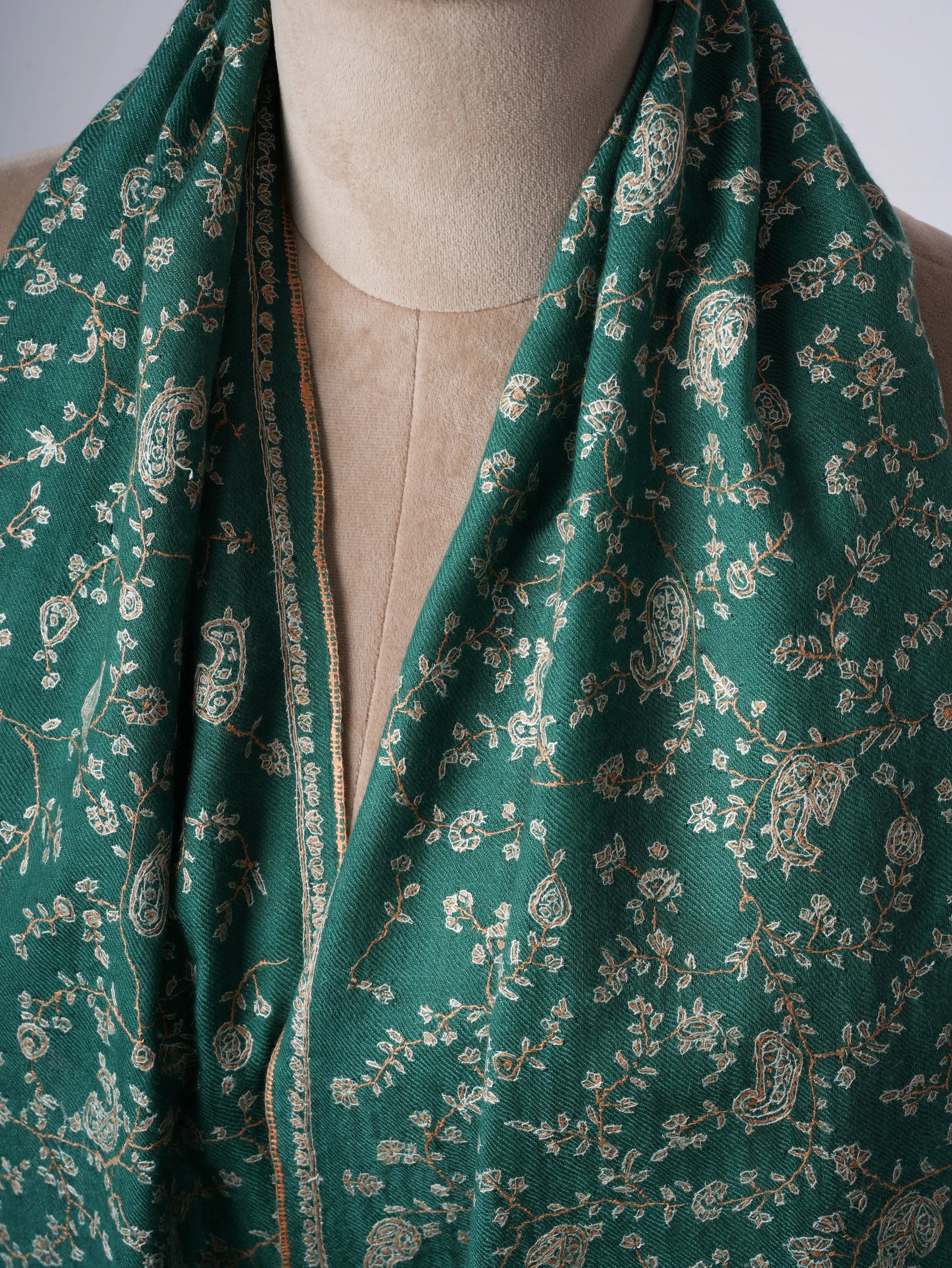 Green Jali Needlework Baby Soft Cashmere Scarf Shahkaar