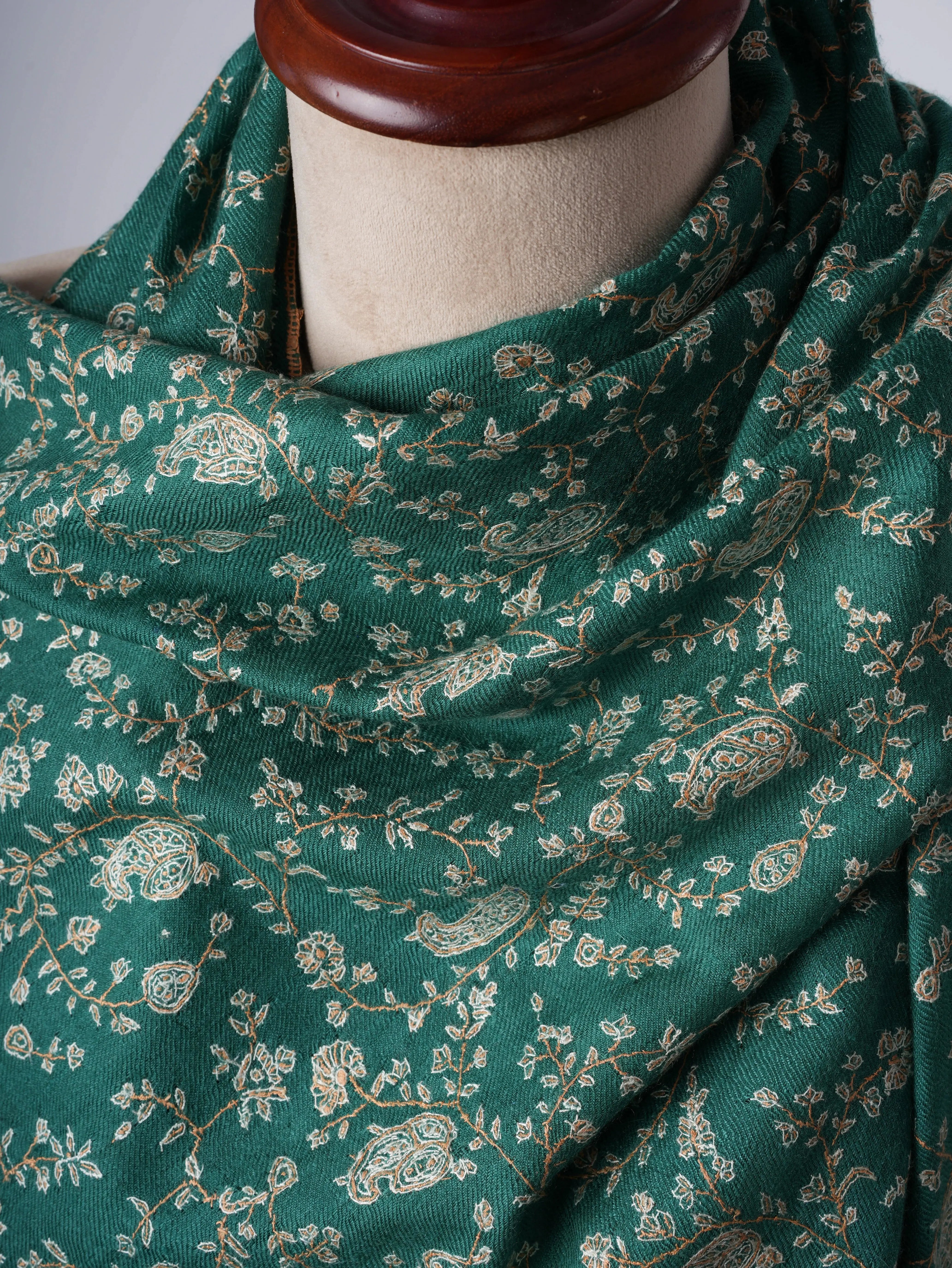 Green Jali Needlework Baby Soft Cashmere Scarf Shahkaar