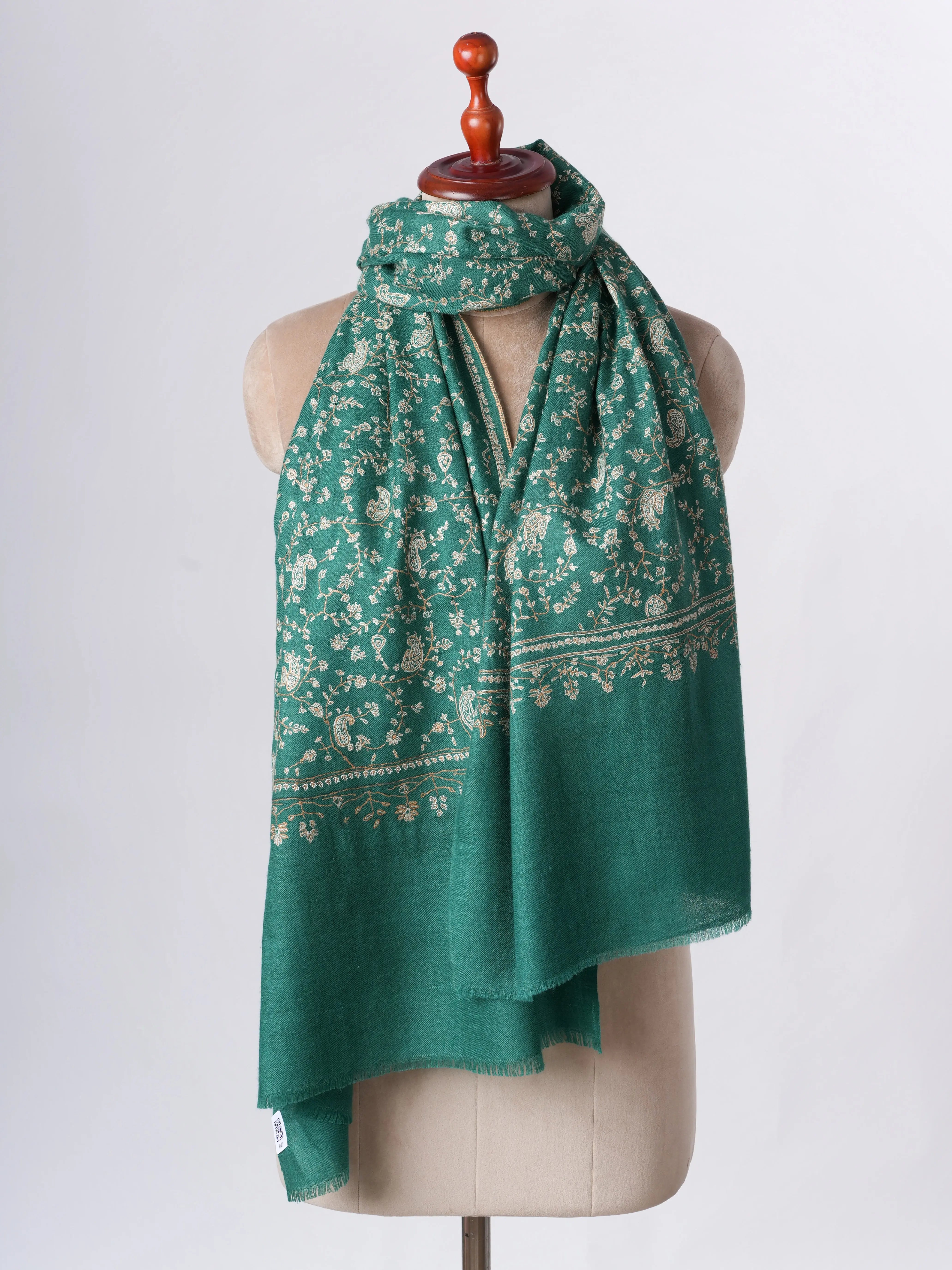 Green Jali Needlework Baby Soft Cashmere Scarf Shahkaar