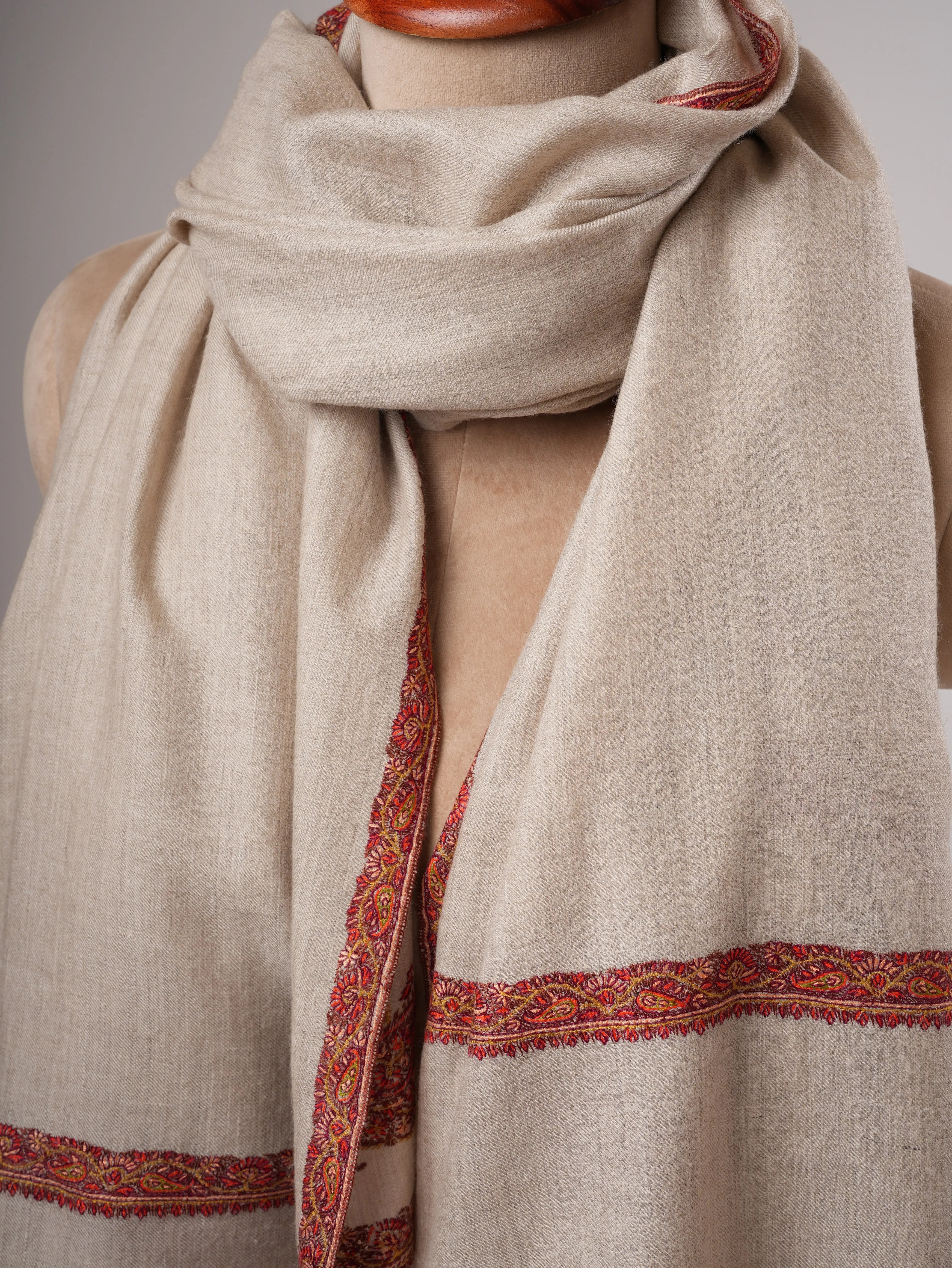 Natural Grey Handwoven Pashmina Shawl – Bail Embroidery Shahkaar