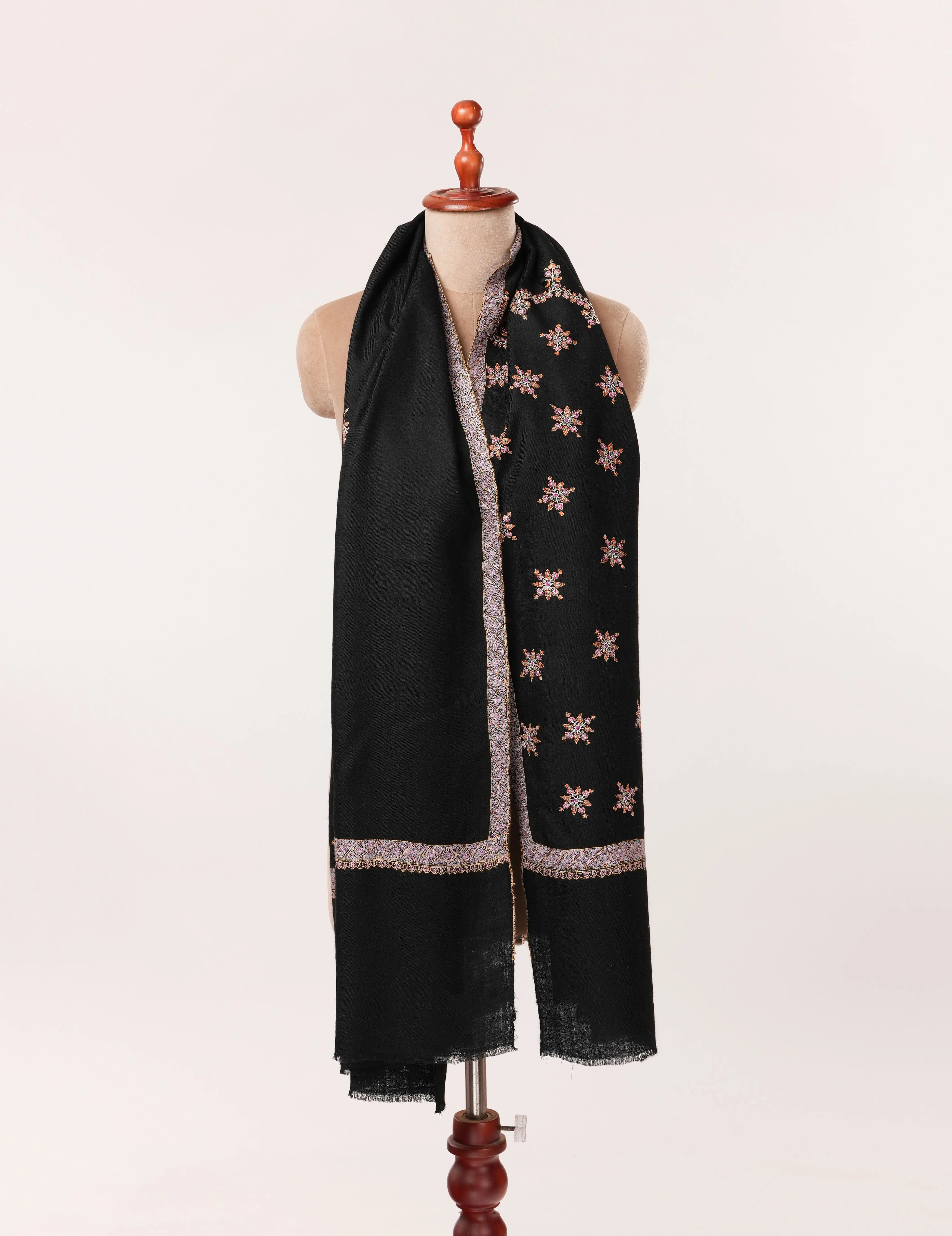 Handwoven Kashmiri Black Pashmina Shawl with Buteh Hashia Hand Sozni Embroidery Shahkaar.com