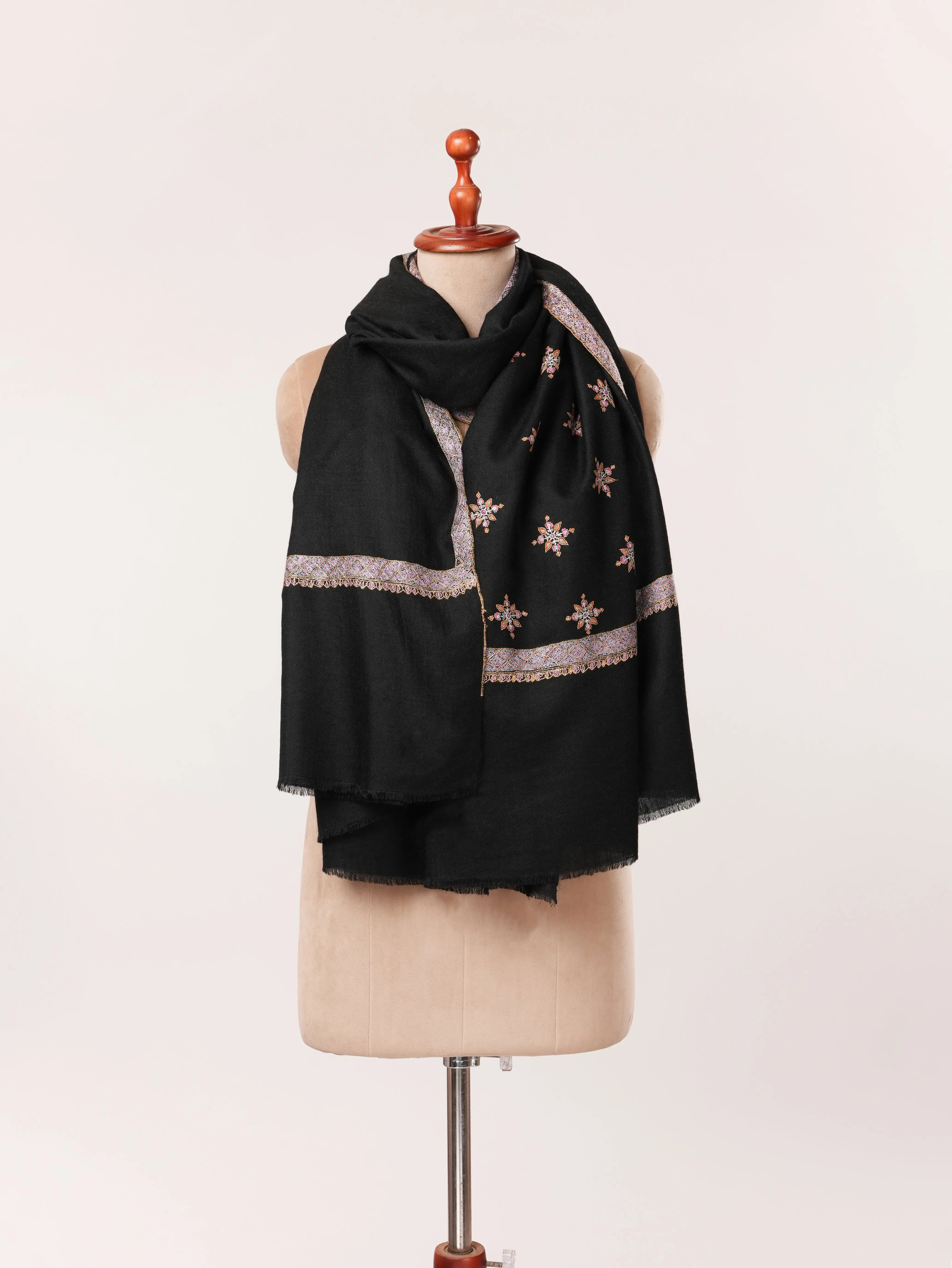 Handwoven Kashmiri Black Pashmina Shawl with Buteh Hashia Hand Sozni Embroidery Shahkaar.com