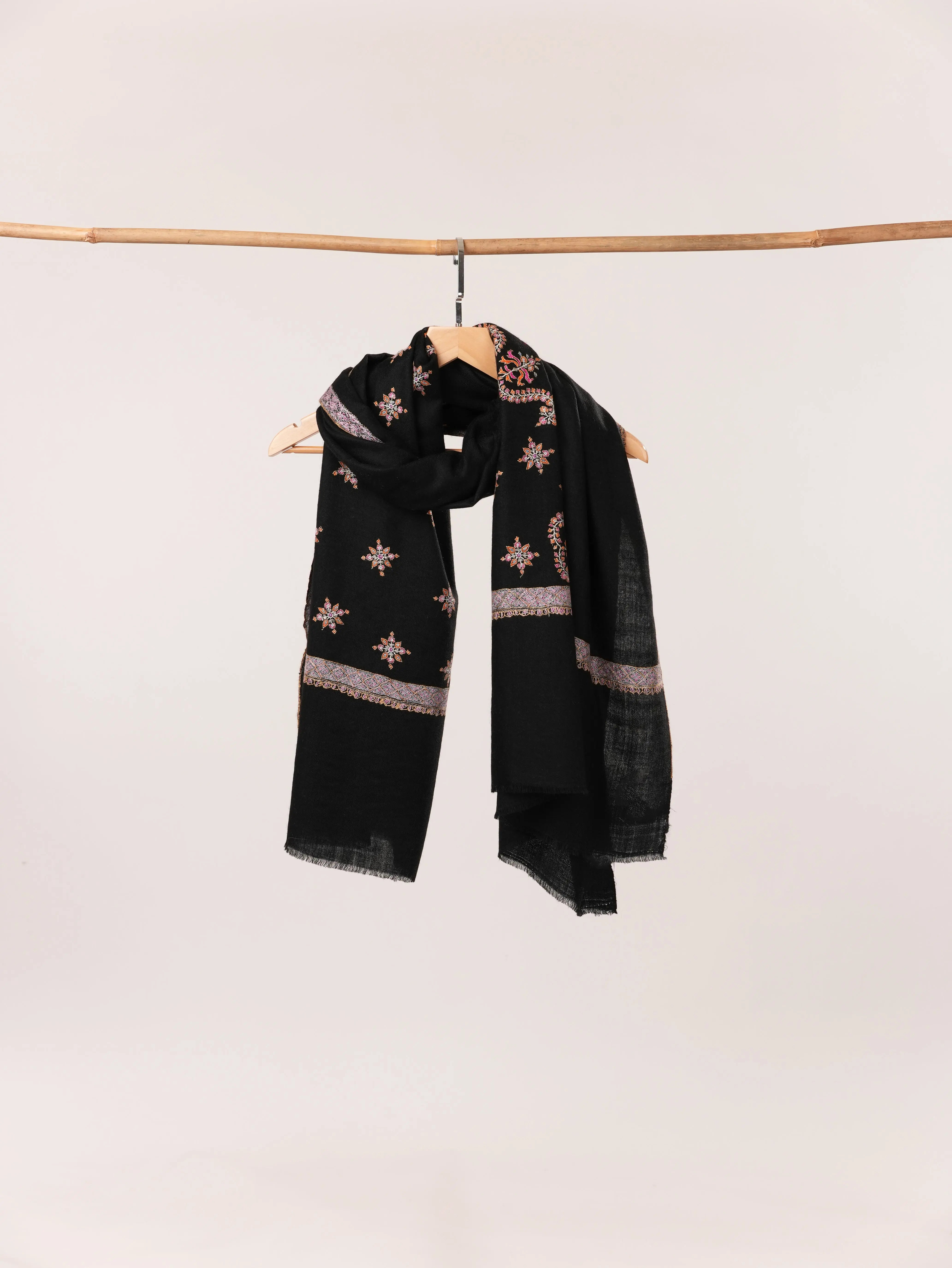 Handwoven Kashmiri Black Pashmina Shawl with Buteh Hashia Hand Sozni Embroidery Shahkaar.com