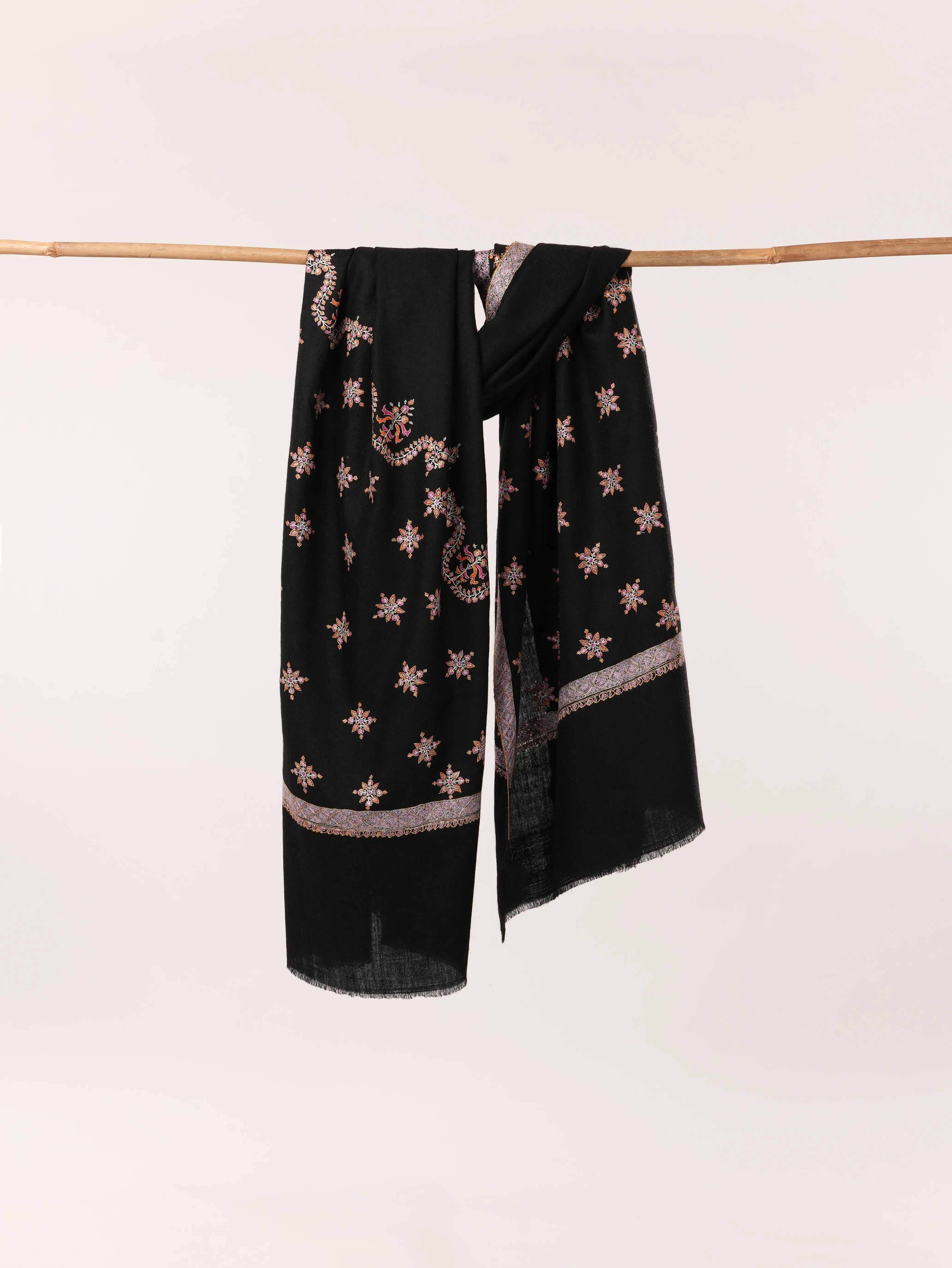 Handwoven Kashmiri Black Pashmina Shawl with Buteh Hashia Hand Sozni Embroidery Shahkaar.com