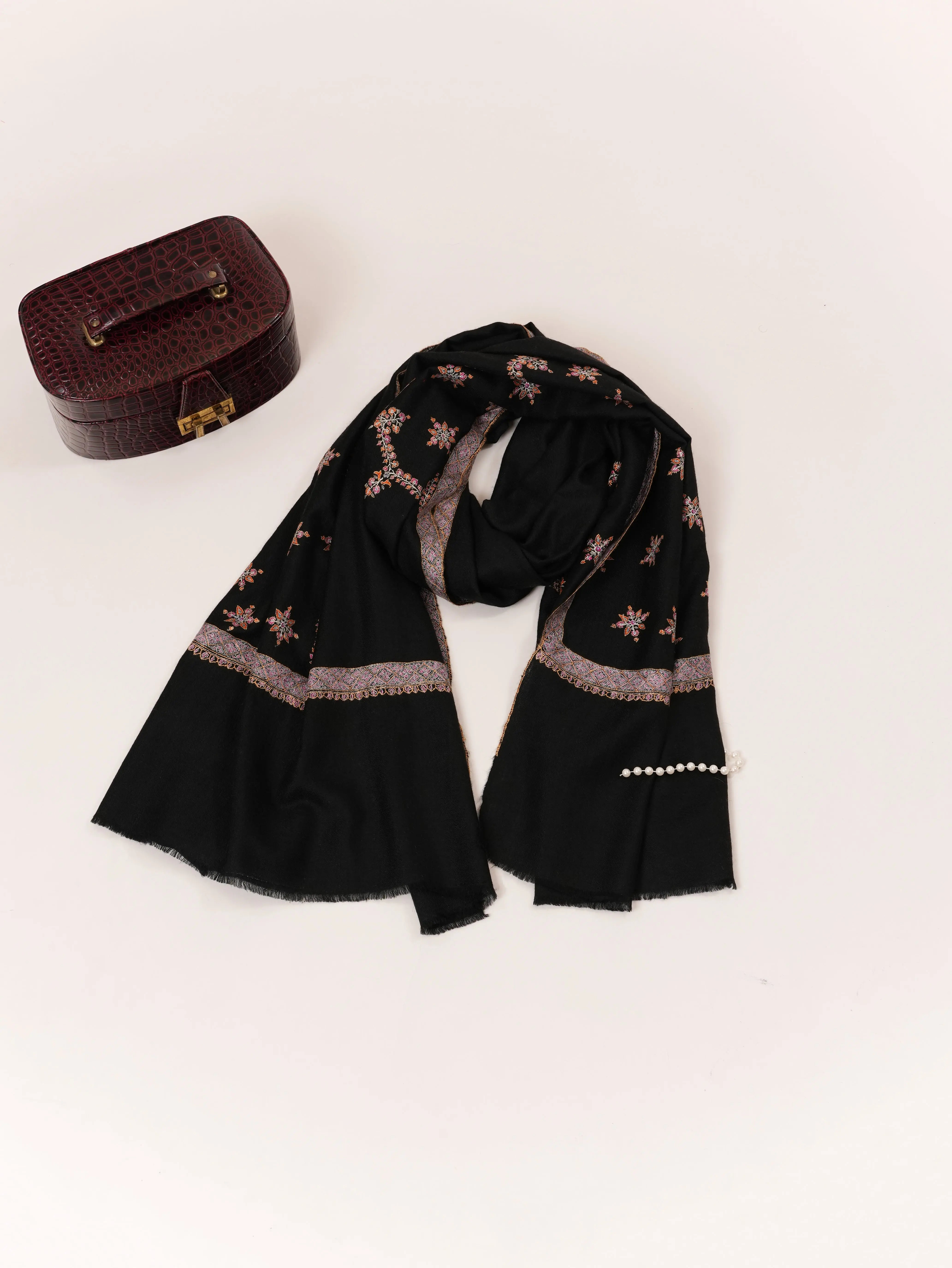 Handwoven Kashmiri Black Pashmina Shawl with Buteh Hashia Hand Sozni Embroidery Shahkaar.com