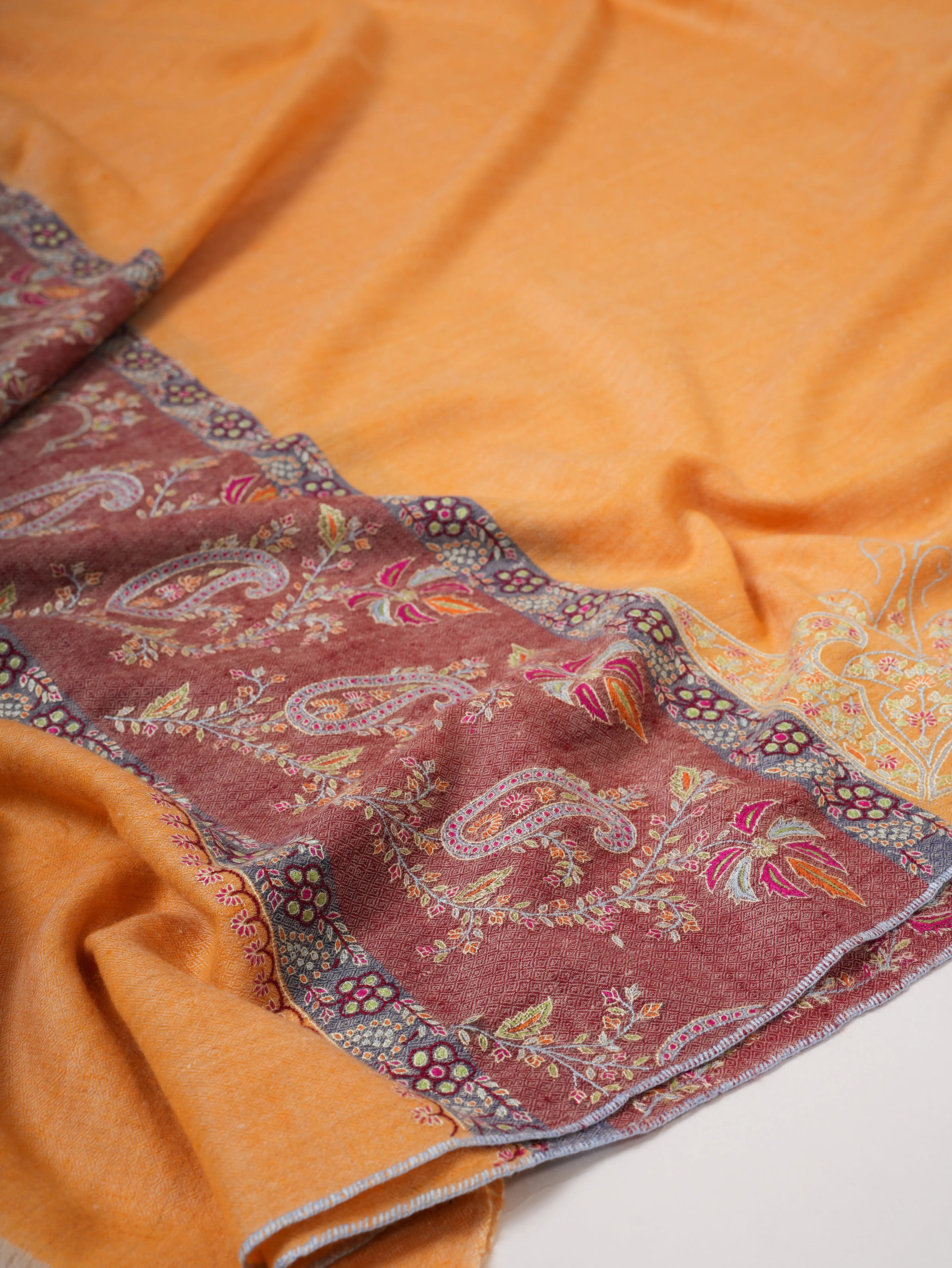 Orange Kashmiri Pashmina Shawl – Handwoven with Palla Embroidery Shahkaar