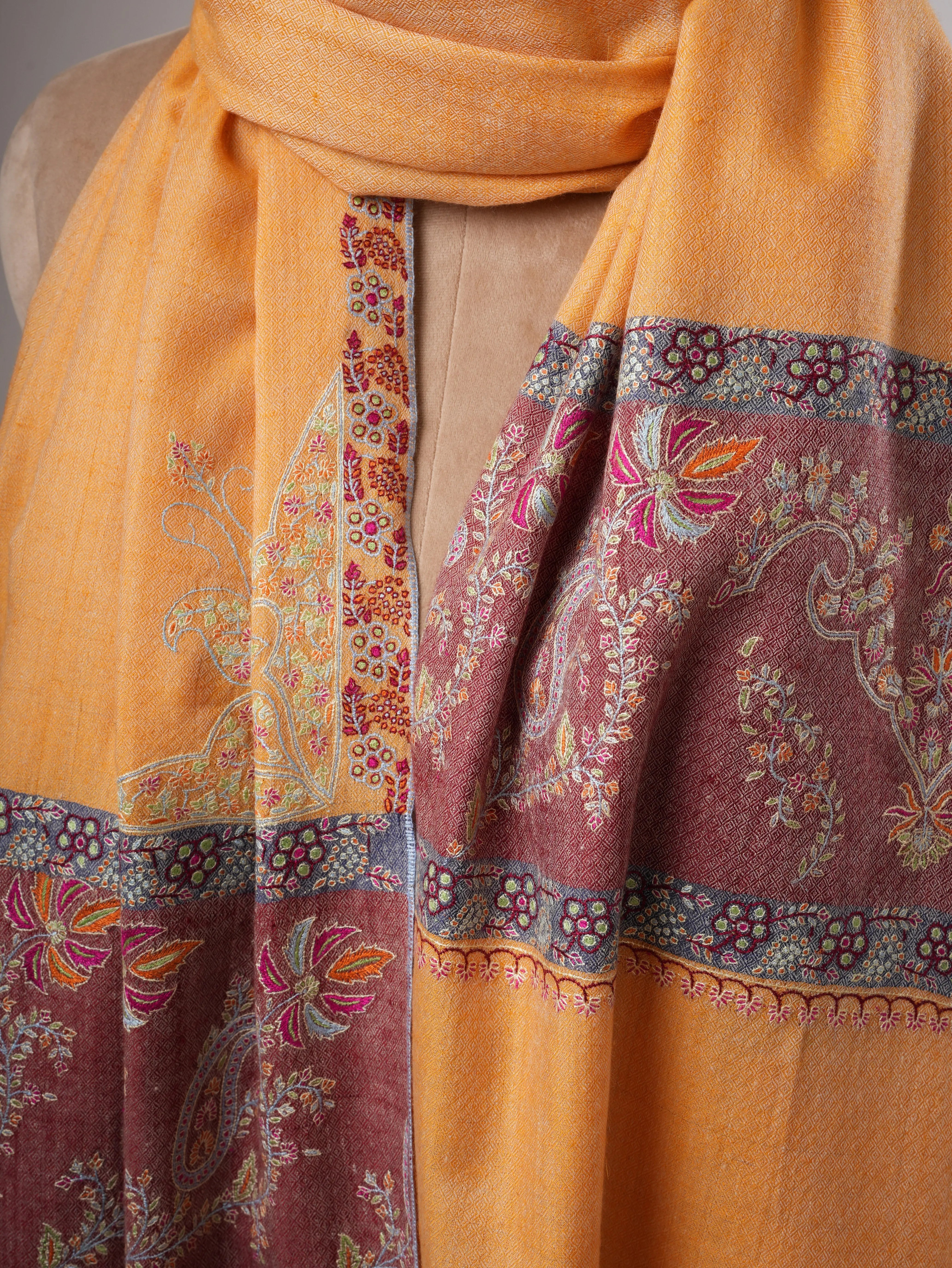 Orange Kashmiri Pashmina Shawl – Handwoven with Palla Embroidery Shahkaar