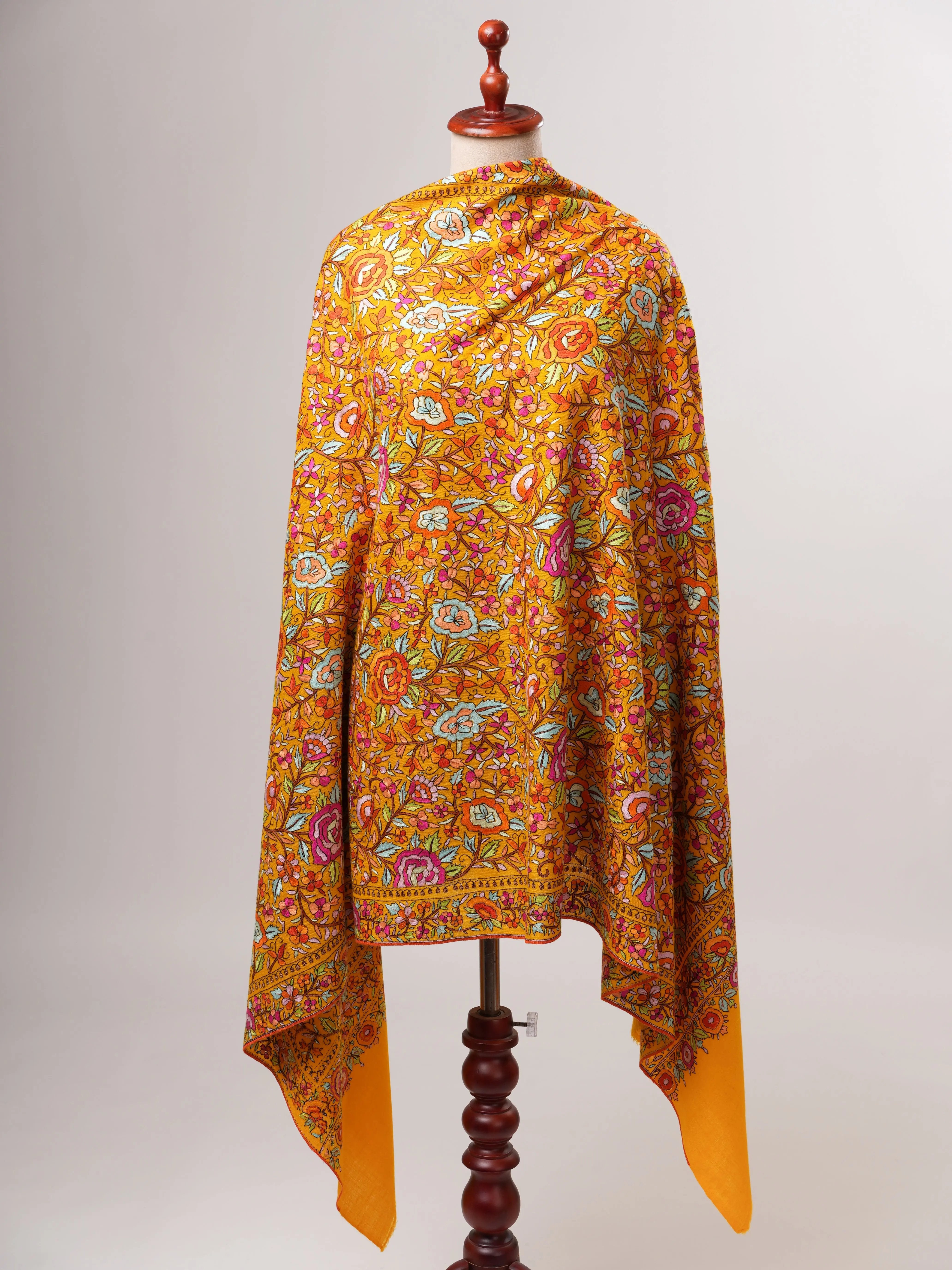 Golden Yellow Kashmiri Pashmina Shawl with Papier Mâché Floral Hand Embroidery Shahkaar