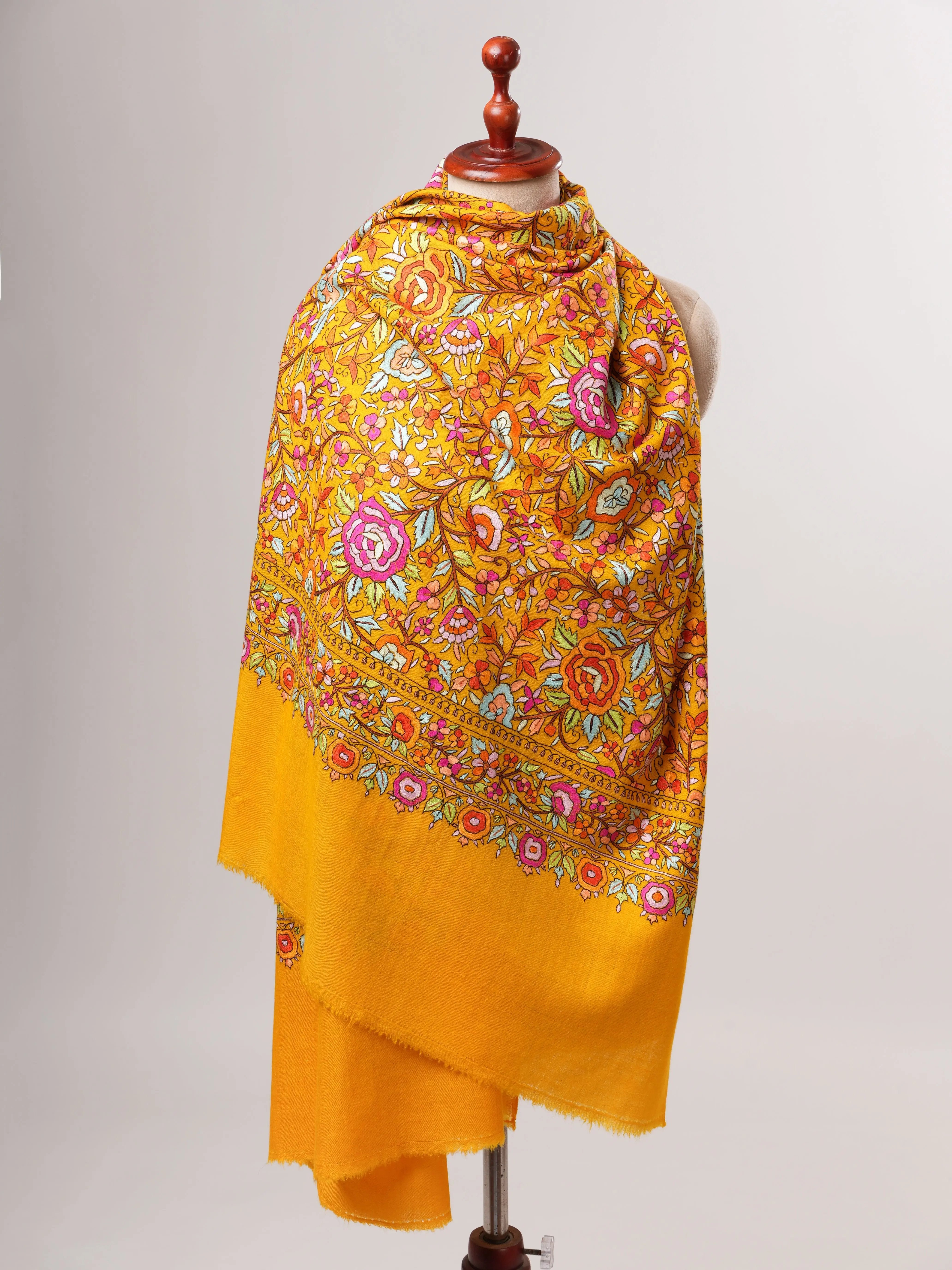 Golden Yellow Kashmiri Pashmina Shawl with Papier Mâché Floral Hand Embroidery Shahkaar