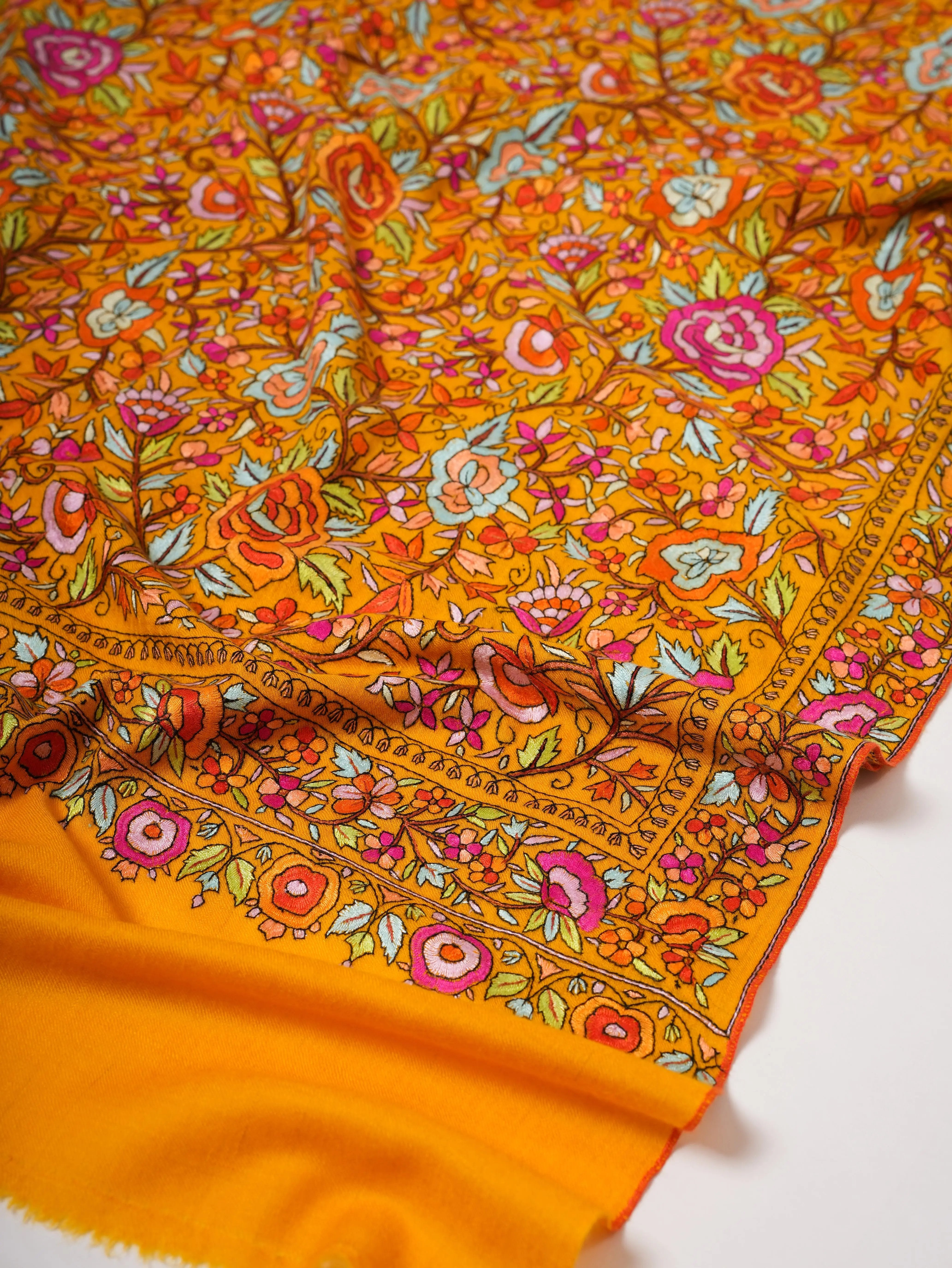 Golden Yellow Kashmiri Pashmina Shawl with Papier Mâché Floral Hand Embroidery Shahkaar
