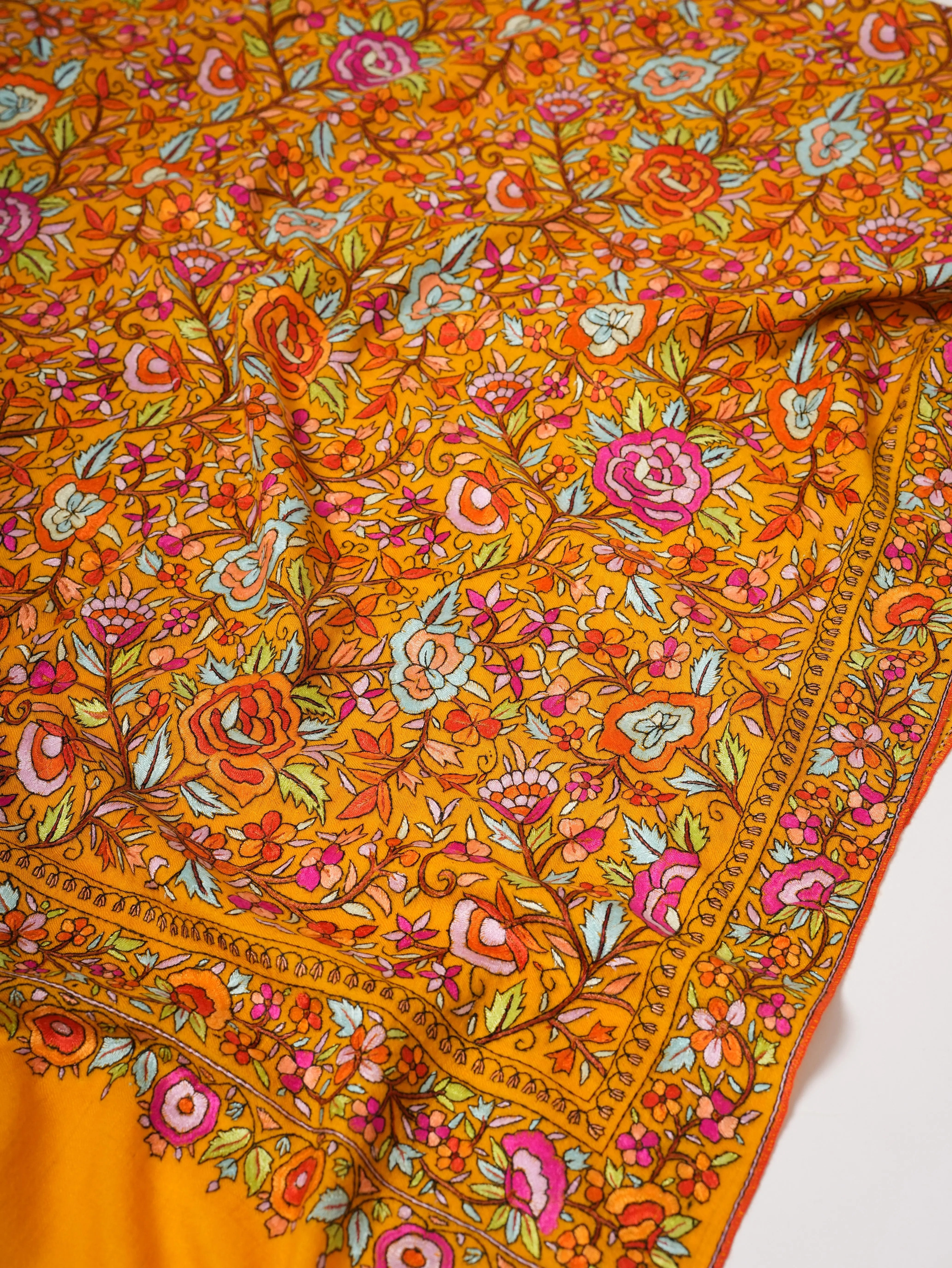 Golden Yellow Kashmiri Pashmina Shawl with Papier Mâché Floral Hand Embroidery Shahkaar