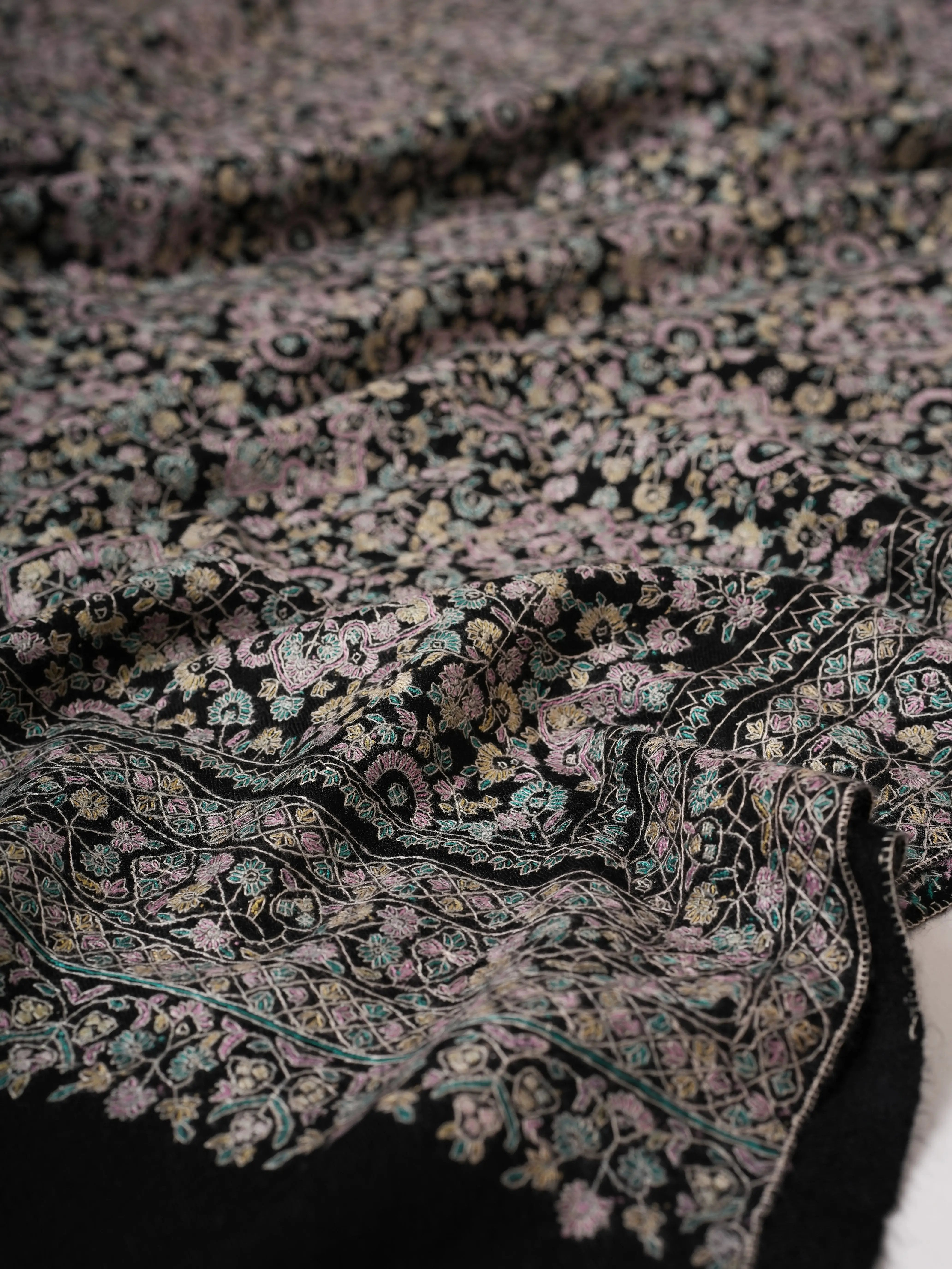 Black Pashmina Shawl with Fine Detailed Sozni Embroidery Shahkaar