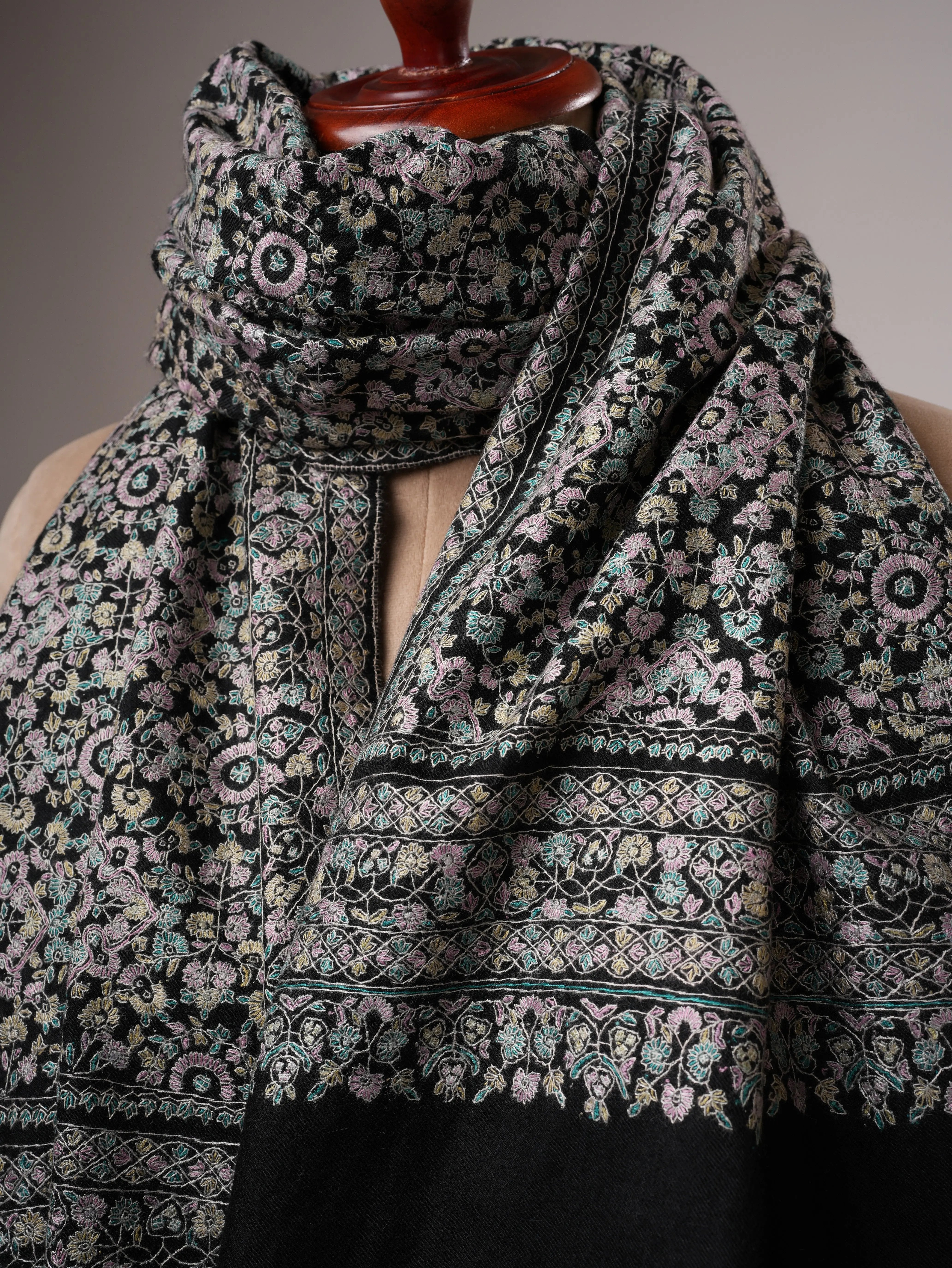 Black Pashmina Shawl with Fine Detailed Sozni Embroidery Shahkaar