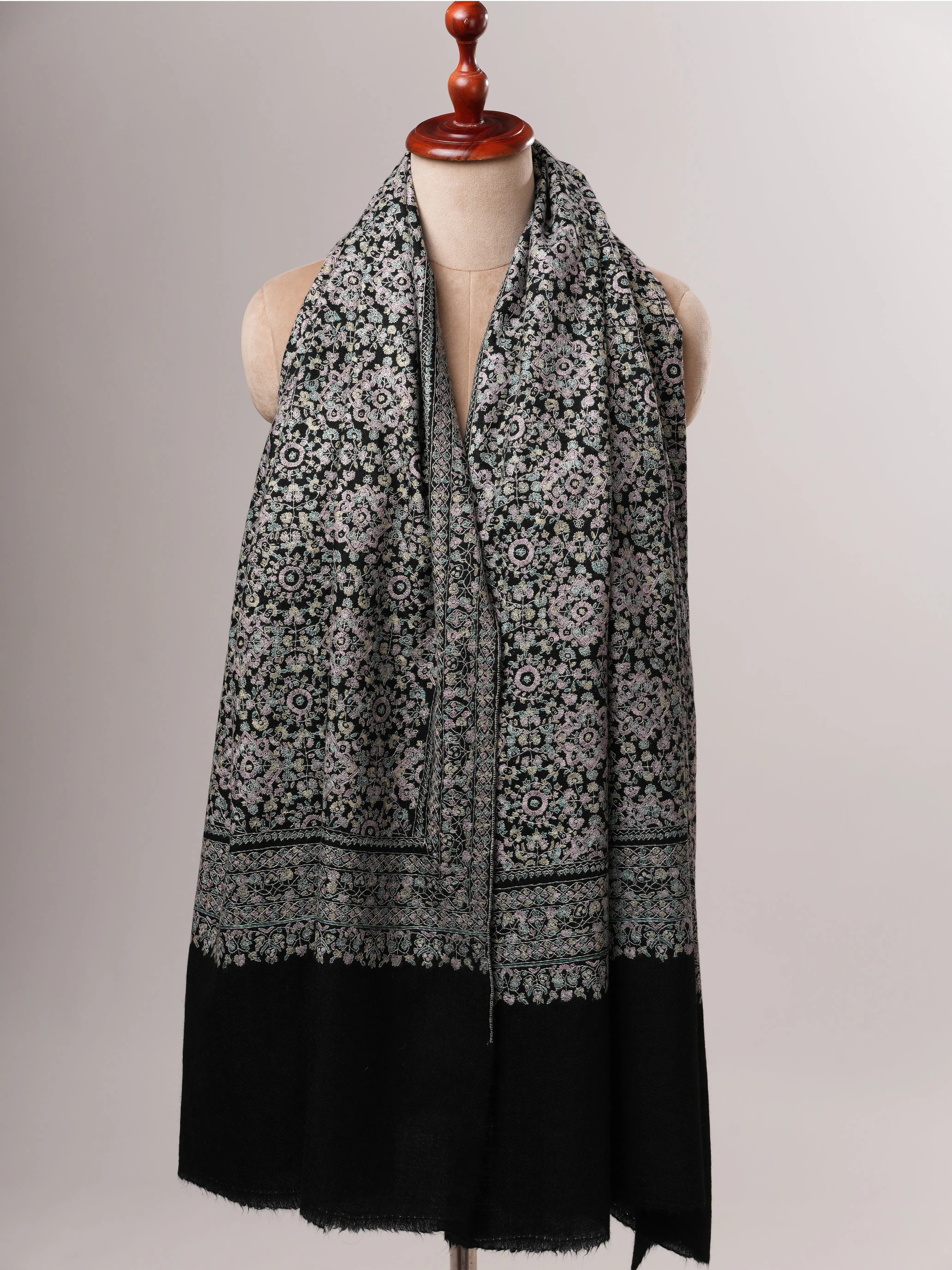 Black Pashmina Shawl with Fine Detailed Sozni Embroidery Shahkaar