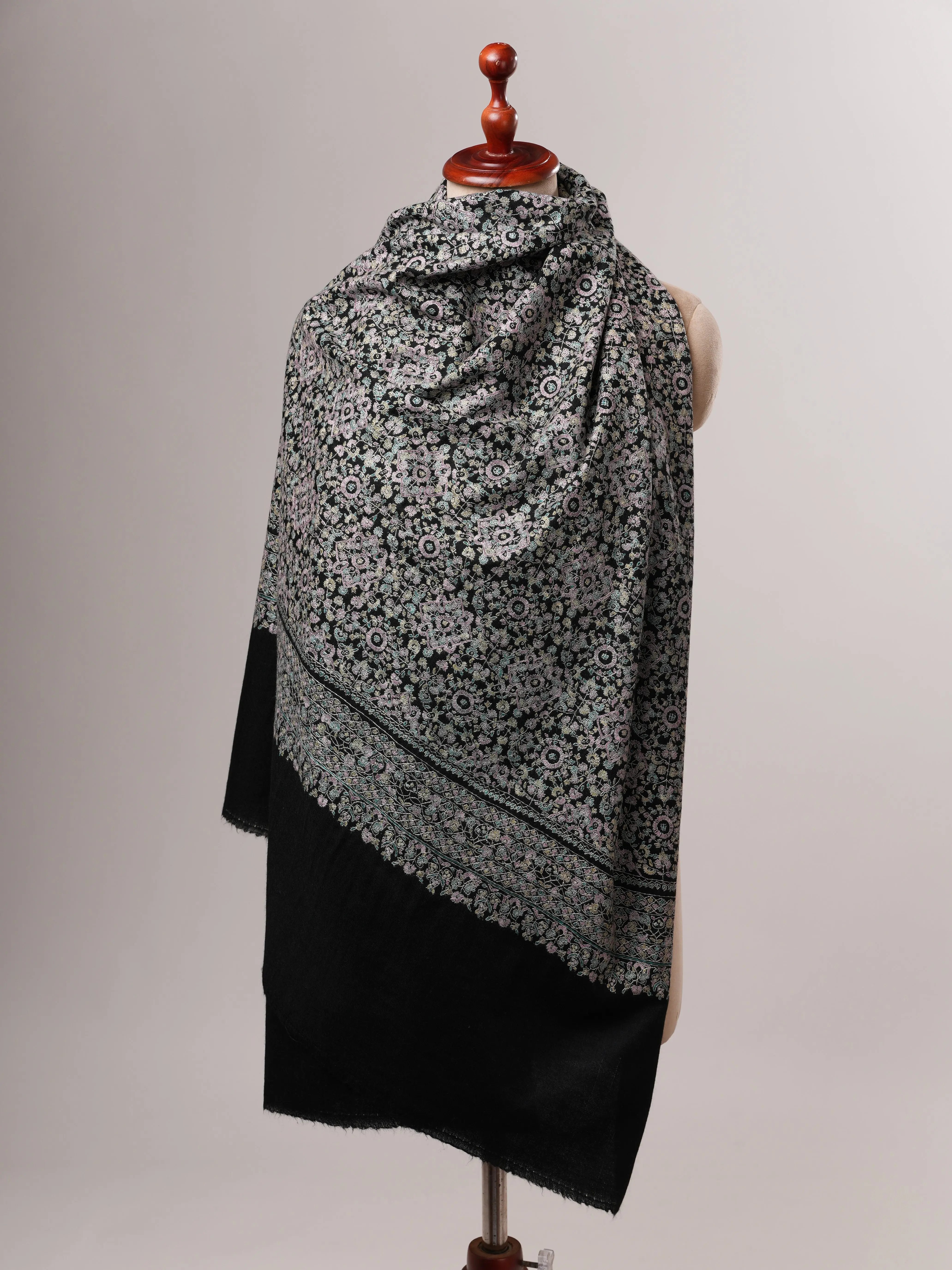 Black Pashmina Shawl with Fine Detailed Sozni Embroidery Shahkaar